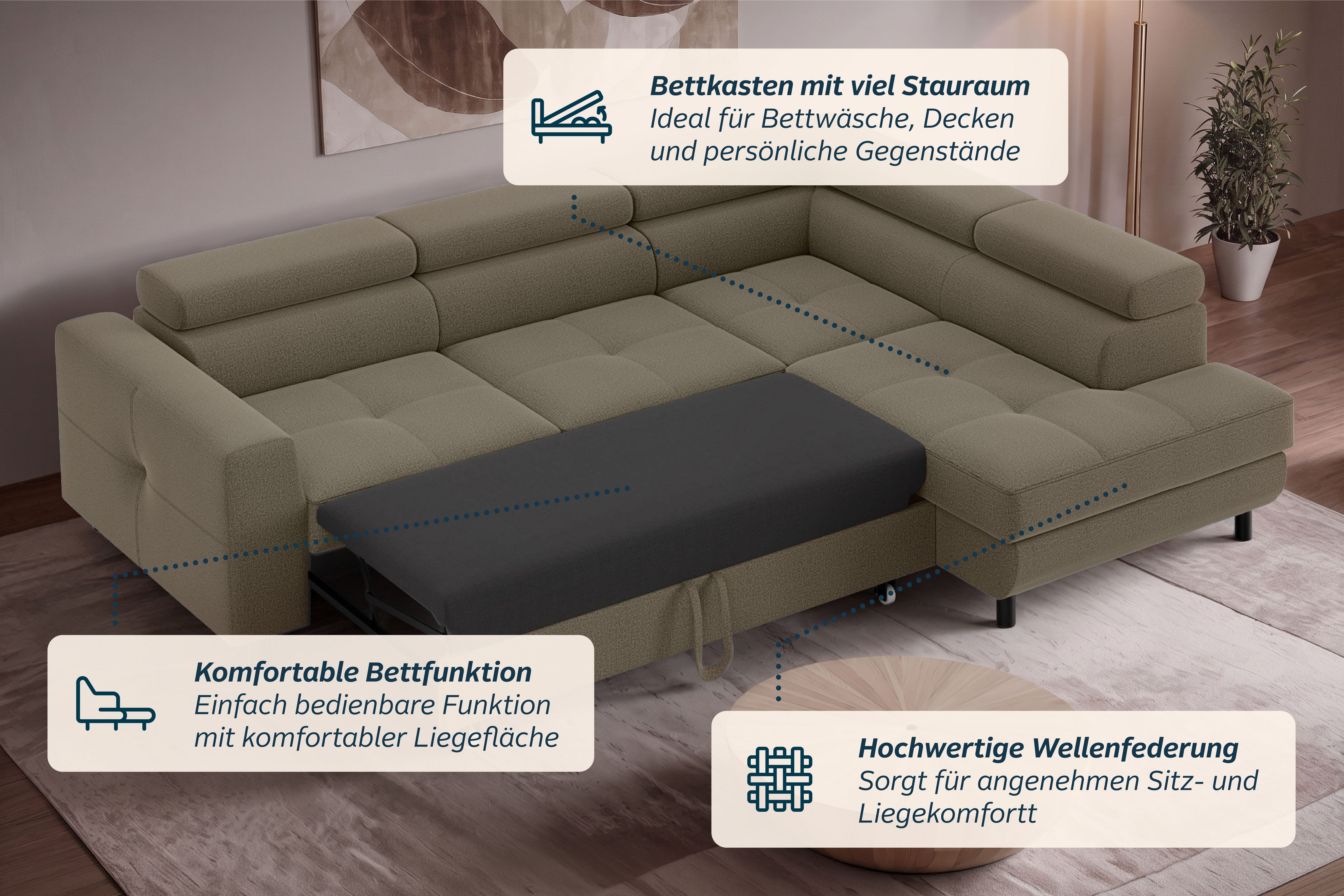 OTTO home Ecksofa AADEN Schlafsofa 254 cm - OTTO. Verlässliche Qualität., mit Bettfunktion, Bettkasten, Kopfstützen, rechts/links bestellbar – Bild 4 von 5