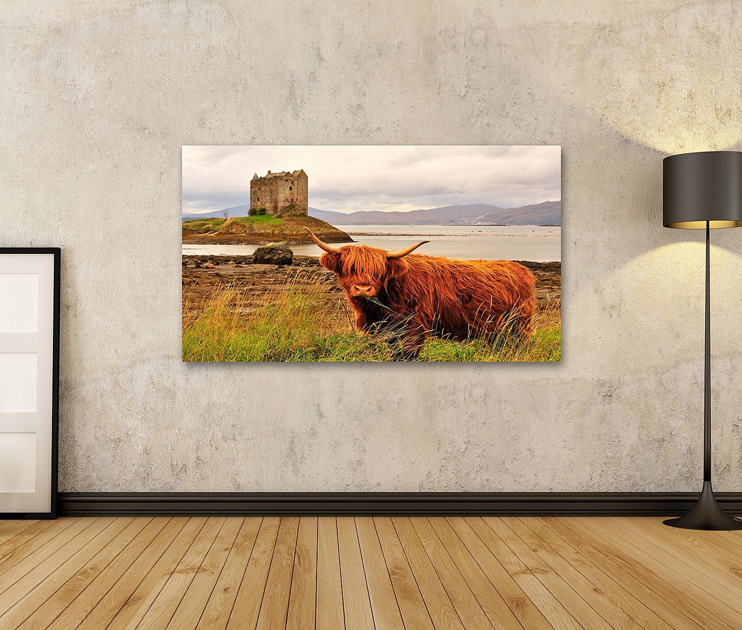 islandburner Leinwandbild Bild auf Leinwand Hochlandkuh Loch Linnhe Schottl günstig online kaufen