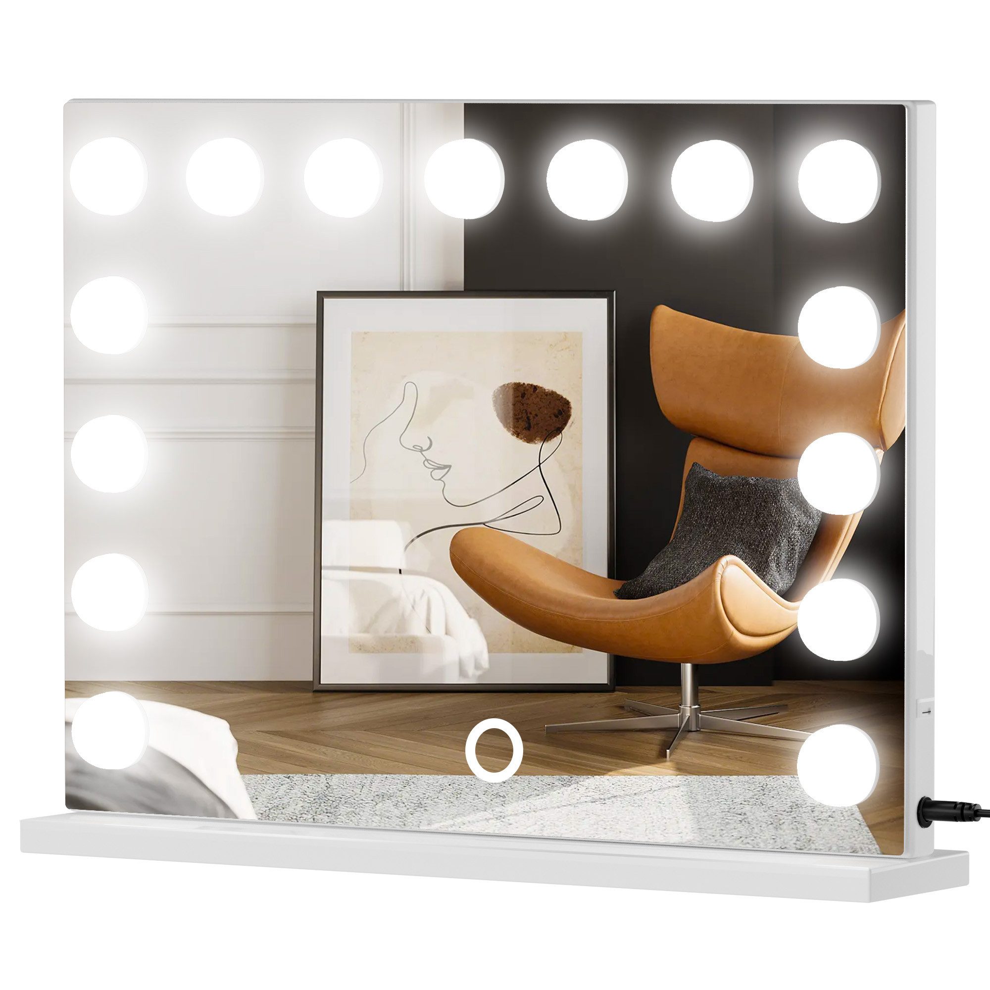 Lujasi Schminkspiegel Hollywood Schminkspiegel mit Beleuchtung 58 x 45 cm, 15 LED Lampen (1-St), mit Ladeanschlüssen, Touch-Steuerung, 3 Lichtfarben, dimmbar