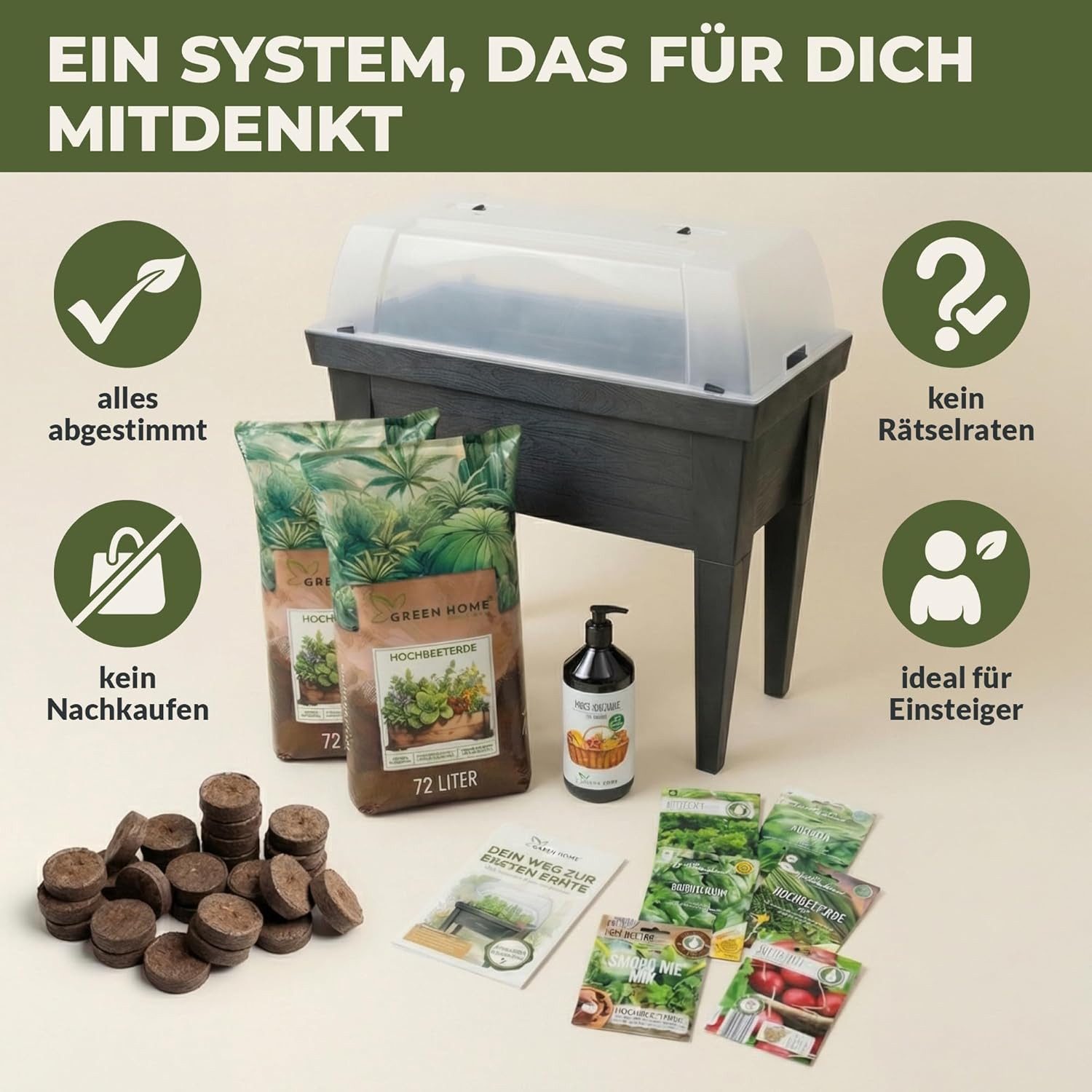 GREEN HOME LOVE NATURE Hochbeet Hochbeet-Set XXL 107 x 100 x 50 cm mit Erde, Dünger & Saatgut, Transparente Abdeckung, als Frühbeet nutzbar, Kunststoff