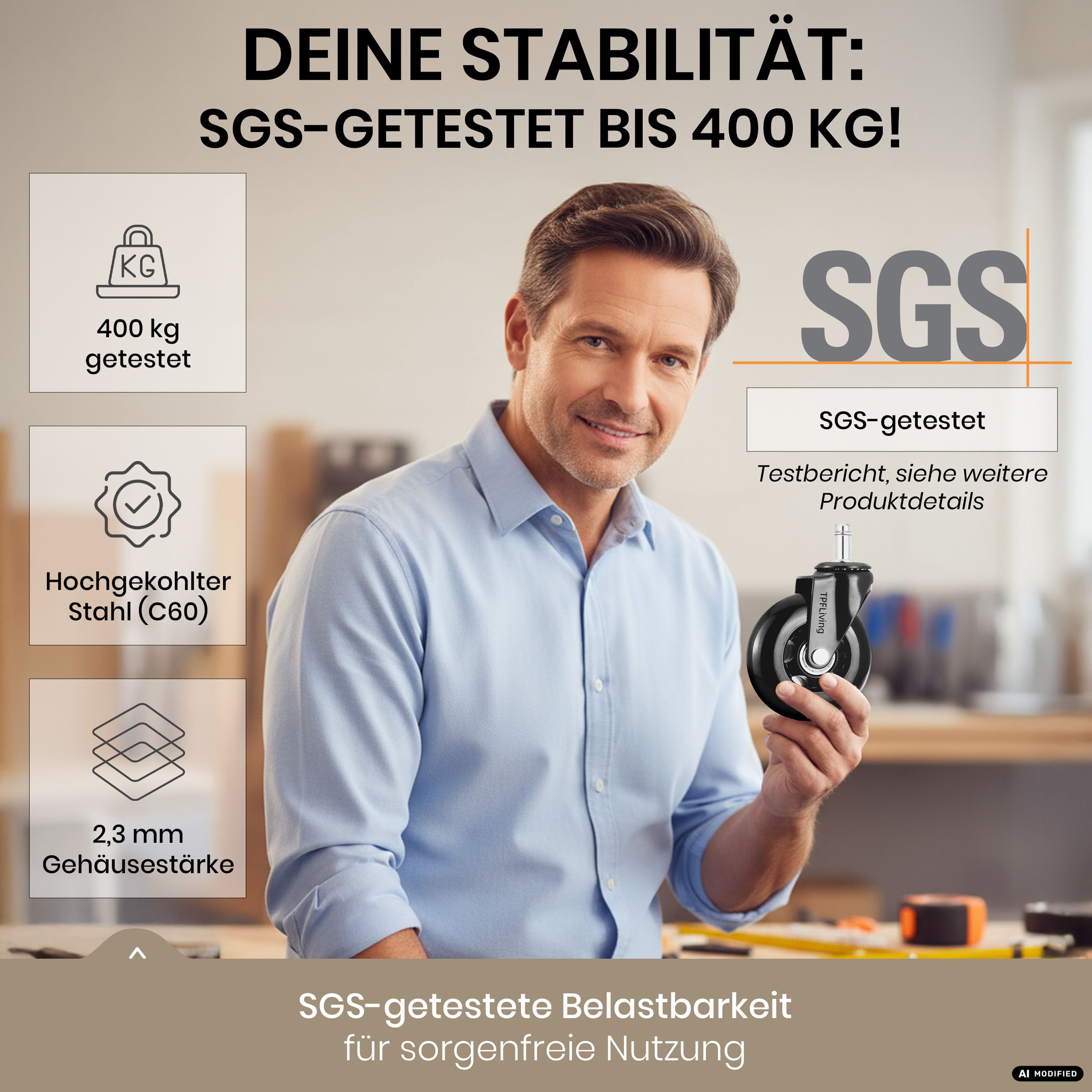 TPFLiving Stuhlrolle TPFLiving Bürostuhlrollen - Stuhlrollen Premium - 10 Jahre Garantie, (5-St., 5er Set Rollen für Bürostuhl 10x22mm - Invictus ProGlide schwa – Bild 2 von 5