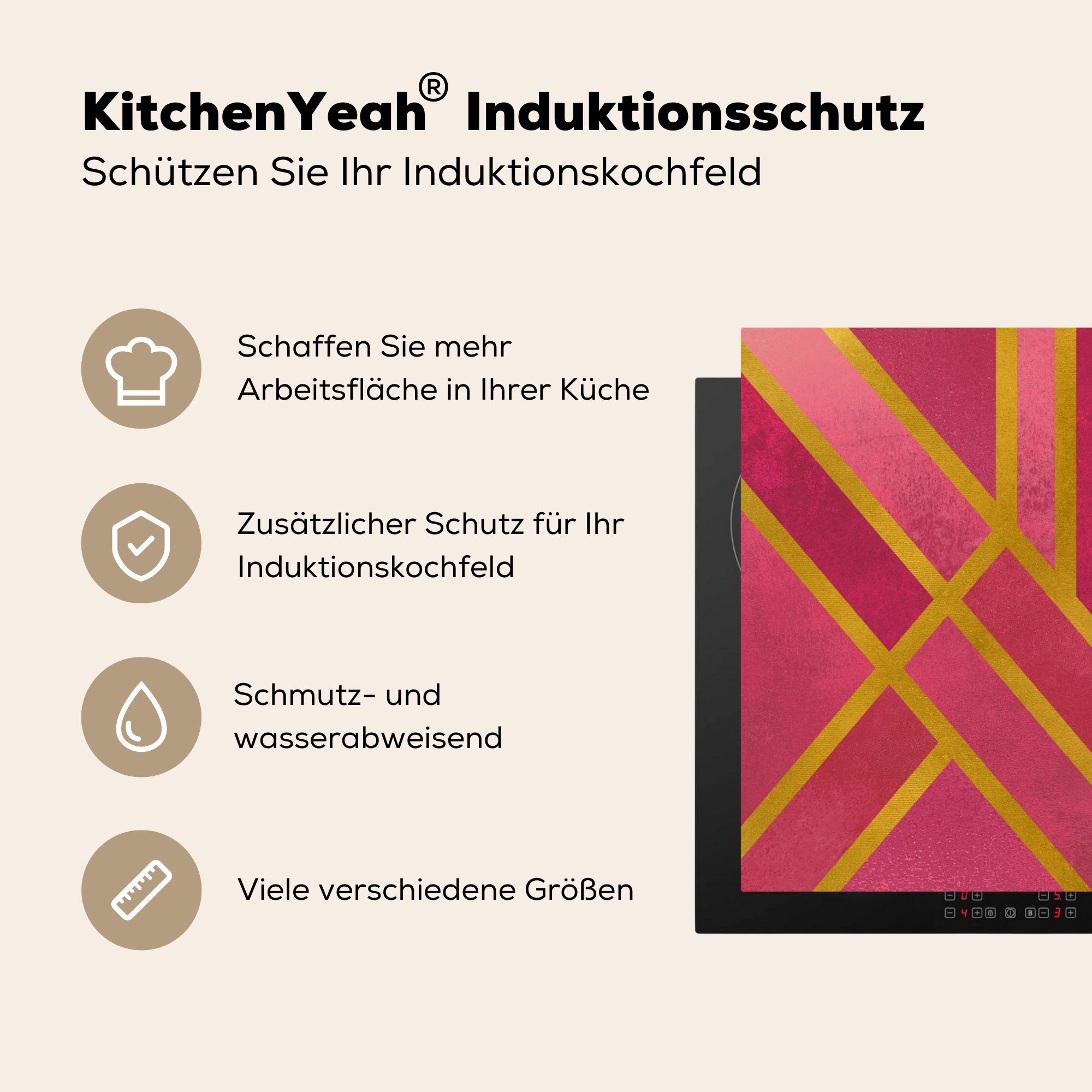 Vinyl, Induktionskochfeld - 81x52 MuchoWow die Ceranfeldabdeckung küche, Gold Herdblende-/Abdeckplatte - cm, tlg), für (1 Schutz Design Rosa,