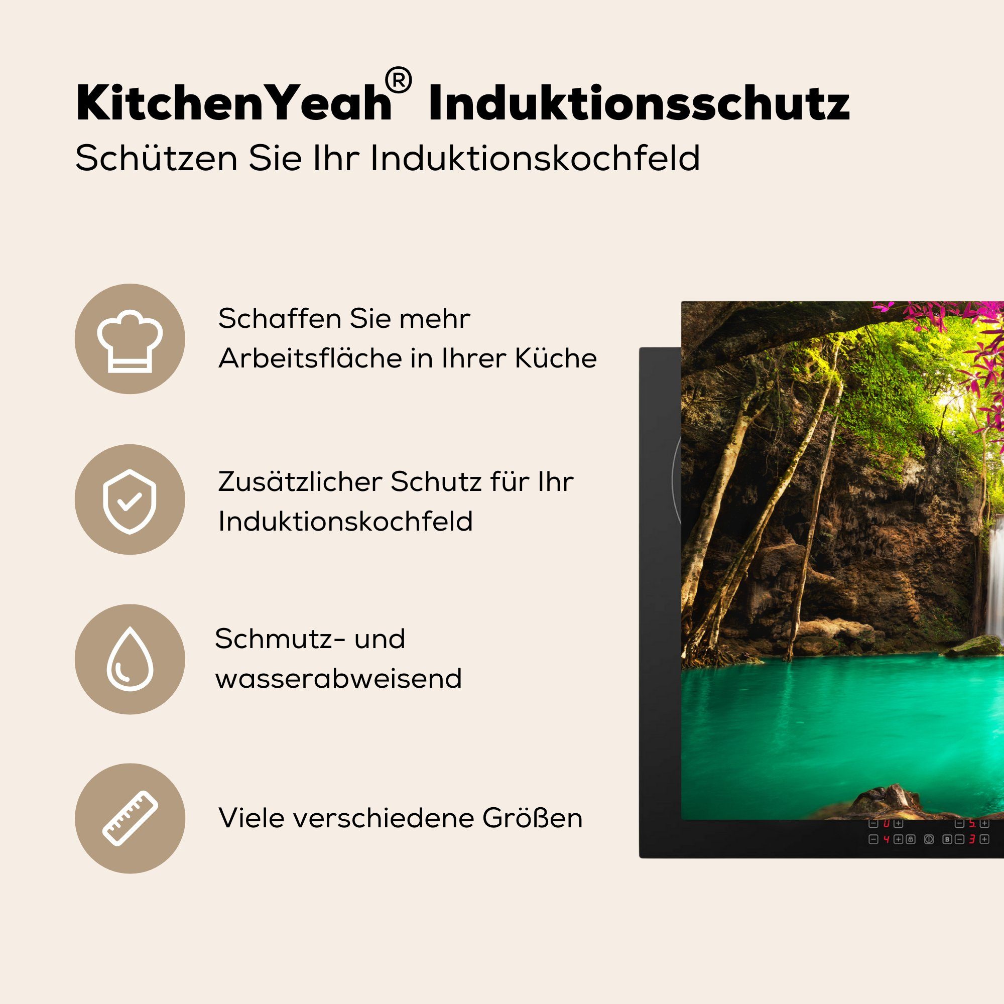 Wasserfall Induktionskochfeld küche, 81x52 die Herdblende-/Abdeckplatte MuchoWow cm, Schutz Natur, (1 - tlg), Thailand für Vinyl, Ceranfeldabdeckung -