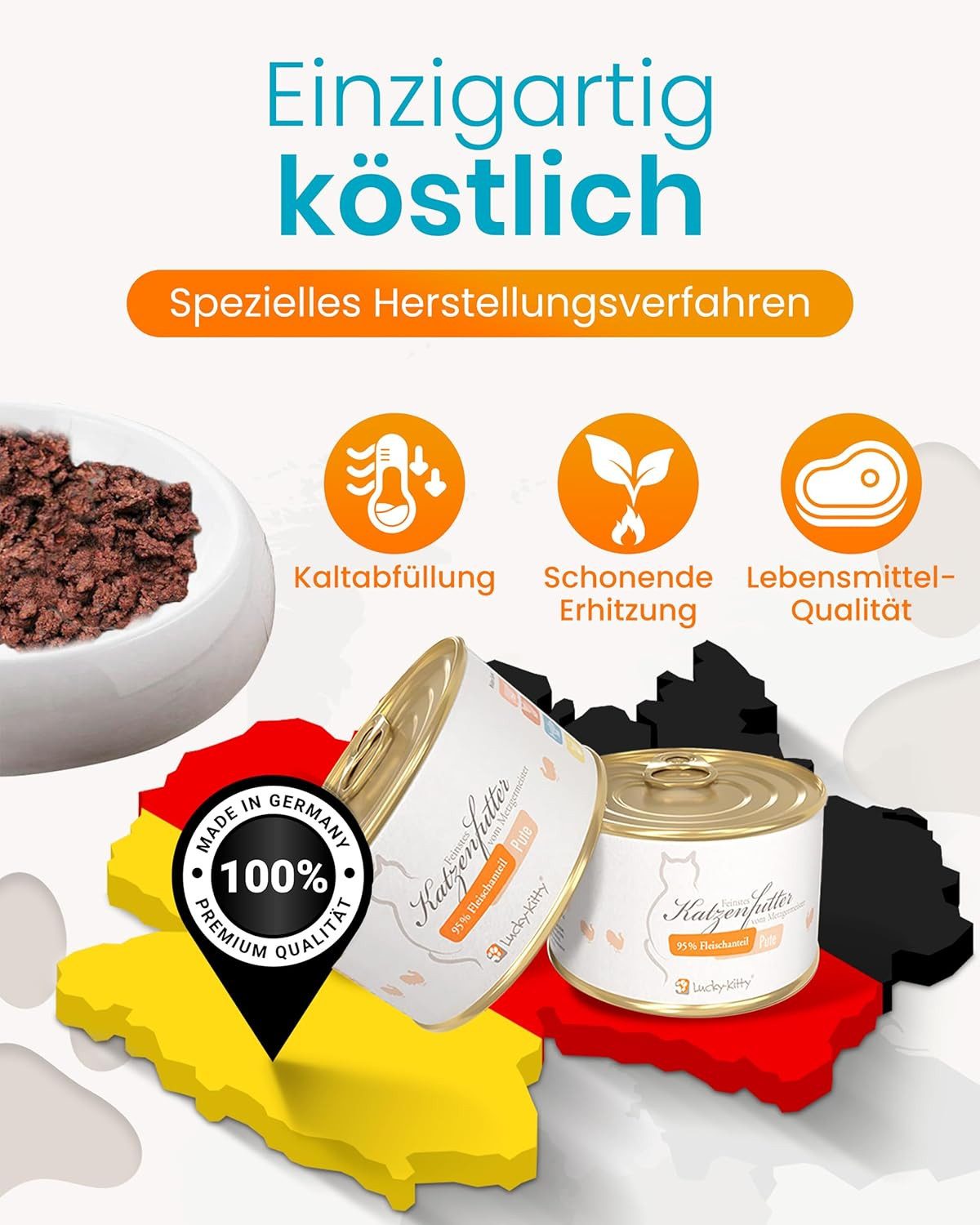Lucky-Kitty Katzenfutter Pute, 95% Fleischanteil, getreidefrei, hypoallergen 4x200g, Nassfutter für: Katzen, frisches Putenfleisch in Metzgerqualität, zuckerfrei, Monoprotein