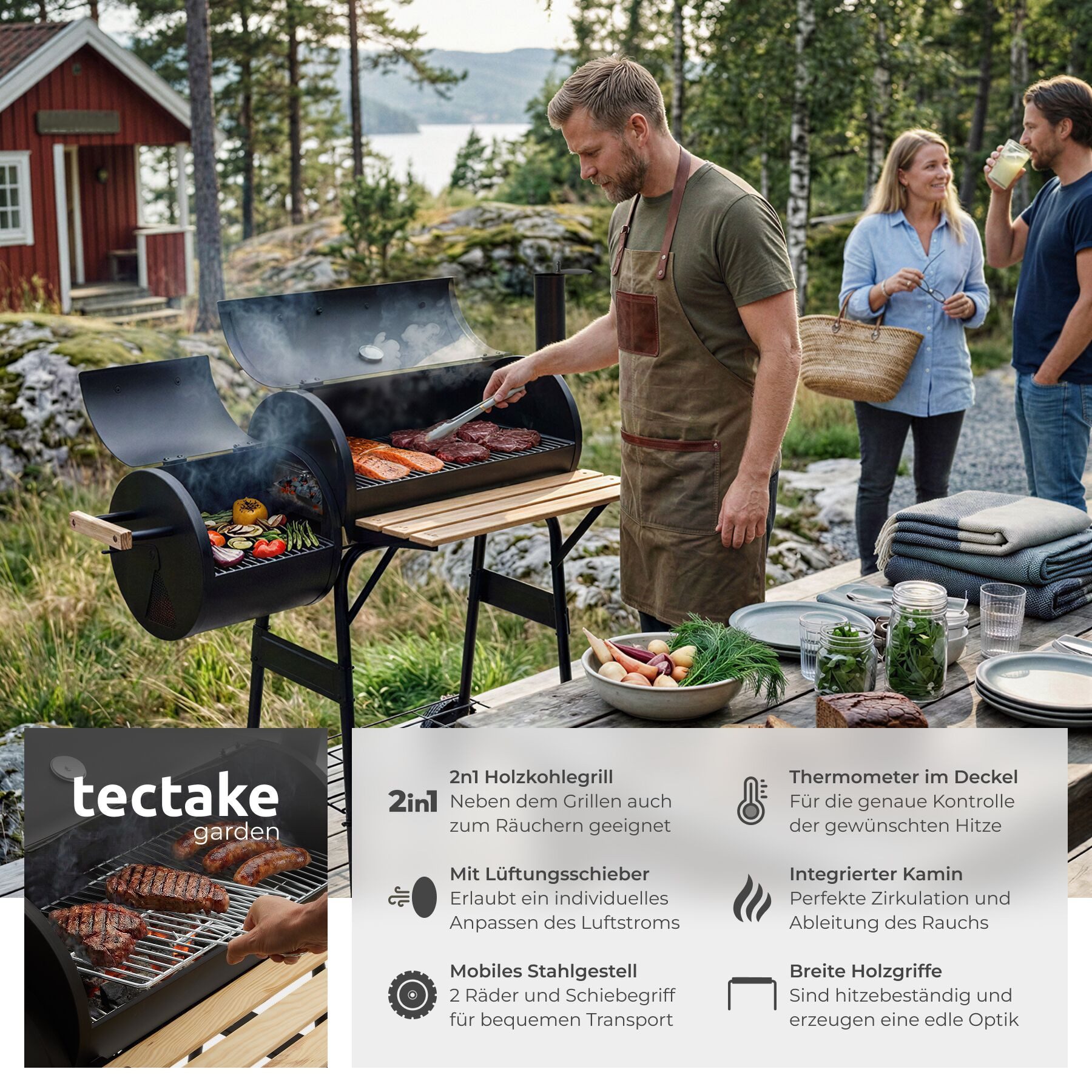 tectake Holzkohlegrill Smoker Grill 2in1 mit Thermometer, 2 Kammern, 2 Ablagen, 2 Räder, Smoker Grill, in Schwarz, regulierbare Luftzufuhr für präzise Temperaturkontrolle