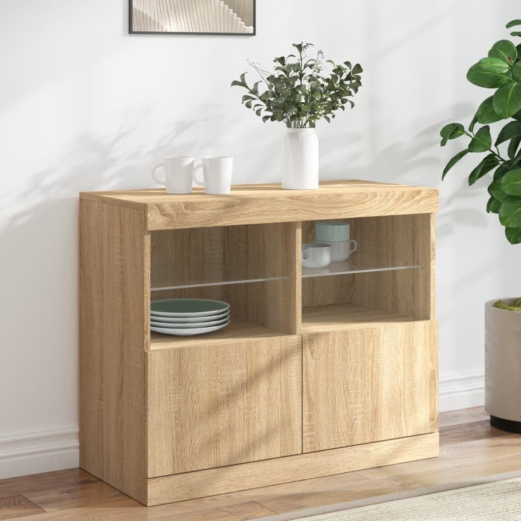 vidaXL Sideboard NA Sideboard mit LED Leuchten Sonoma Eiche 81x37x67 cm Glas Vitrine