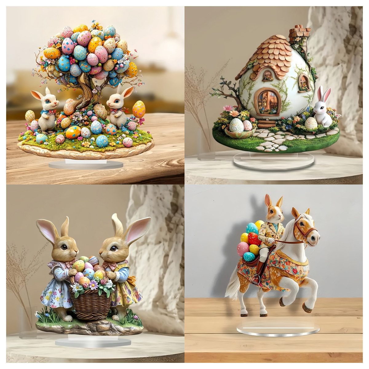 FOUORTUNATE-BEE Osterei Oster-Deko 2D Acrylfiguren mit Hasen, 4-teilig (4 St), Fröhliche Tischdekoration für Ostern und Frühlingsfest