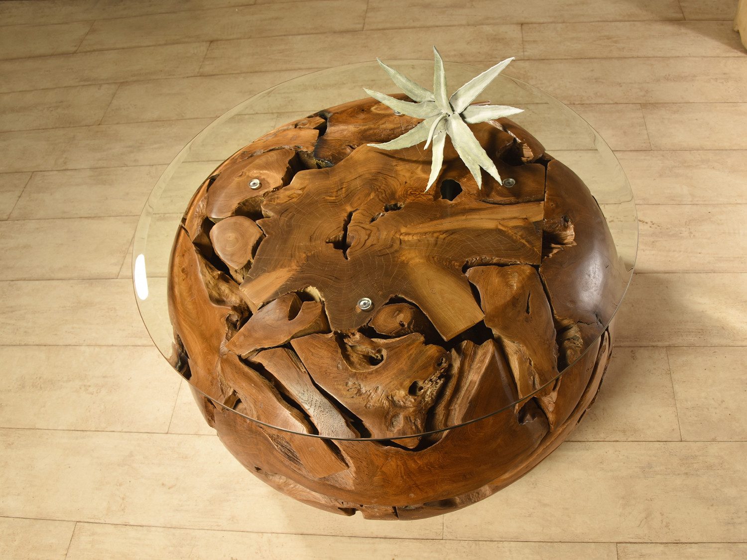 Bambus-Lounge Couchtisch Sofatisch Elements mit Glasplatte aus Teakholz Wohnzimmertisch