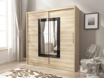 MOEBLO Kleiderschrank KUBA II (Wohnzimmerschrank 2-türig Schrank Gaderobe Schiebtüren, mit Spiegel Schwebetürenschrank mit Einlegeböden und Kleiderstange) (BxHxT): 180/200x200/214x62cm