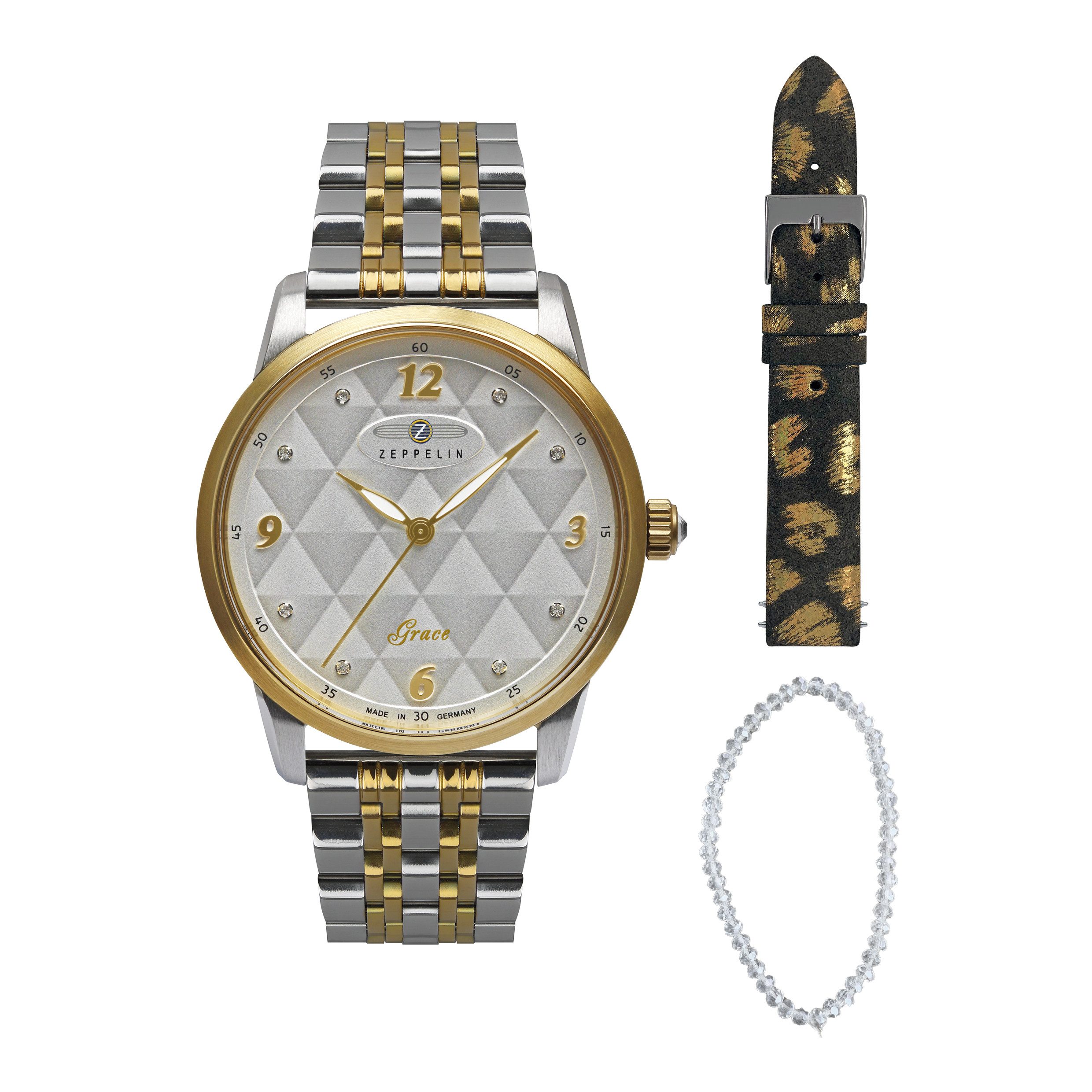 ZEPPELIN Quarzuhr Grace 7347M-1_SET, (Set, 3-tlg., mit Wechselarmband und Armkettchen), Armbanduhr, Damenuhr, Made in Germany, Edelstahlarmband