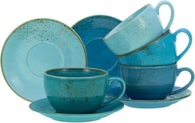 CreaTable Cappuccinotasse Kaffeetasse NATURE COLLECTION Aqua, Steinzeug, Чашки Set, aktuelle Blautöne mit Sprenkel, 4 Чашки, 4 Untertassen