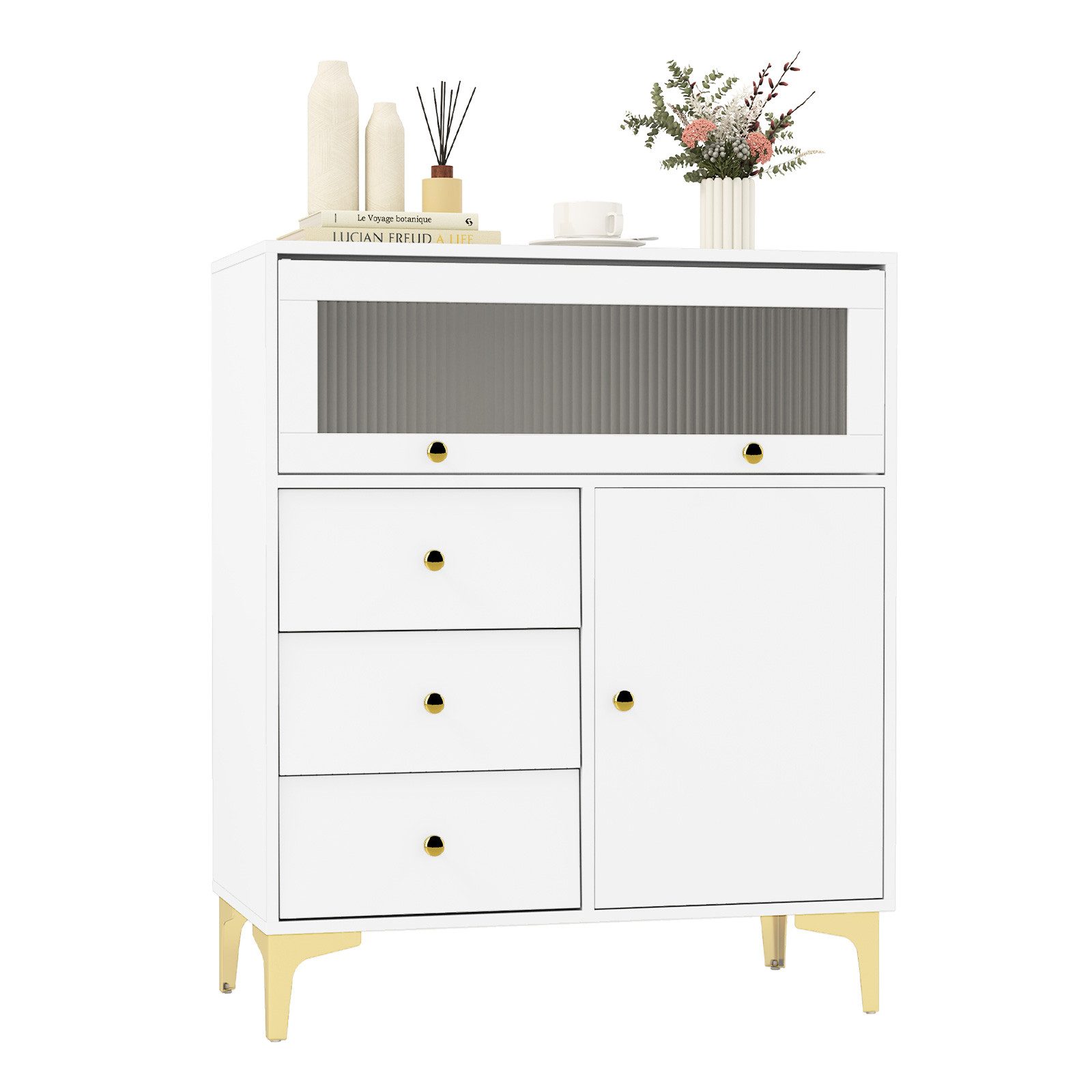 COSTWAY Sideboard, mit 3 Schubladen, Glastür, verstellbaren Regal, weiß