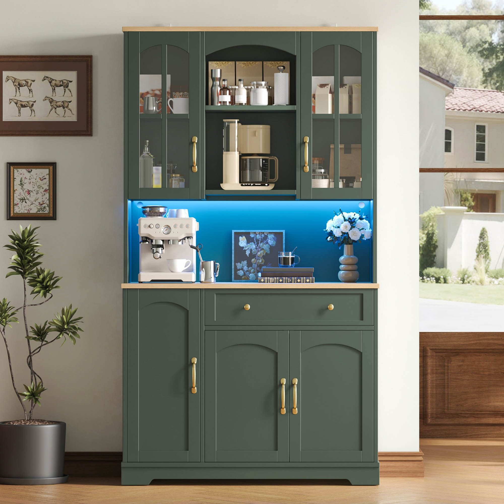 Celya Hochschrank 100×38×176 cm, mit LED, 2 Türen aus gehärtetem Glas, 1 Schublade (Küchenschrank, Vorratsschrank, Vitrine für Wohn- und Esszimmer)