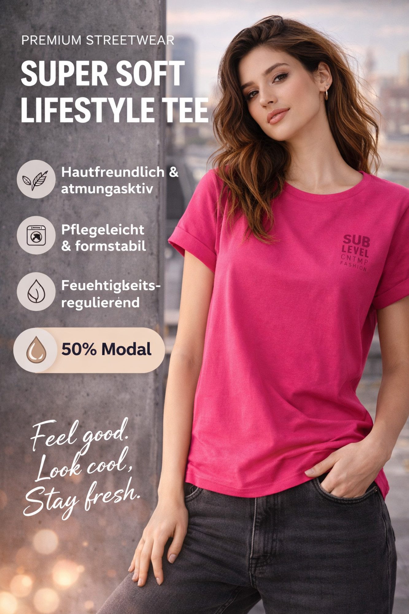 SUBLEVEL T-Shirt Damen Shirt Turn-Up Ärmel Weiches Basic Shirt Rundhals Kurzarm Baunwolle Modal Mix, super soft, unifarben, markenlogo