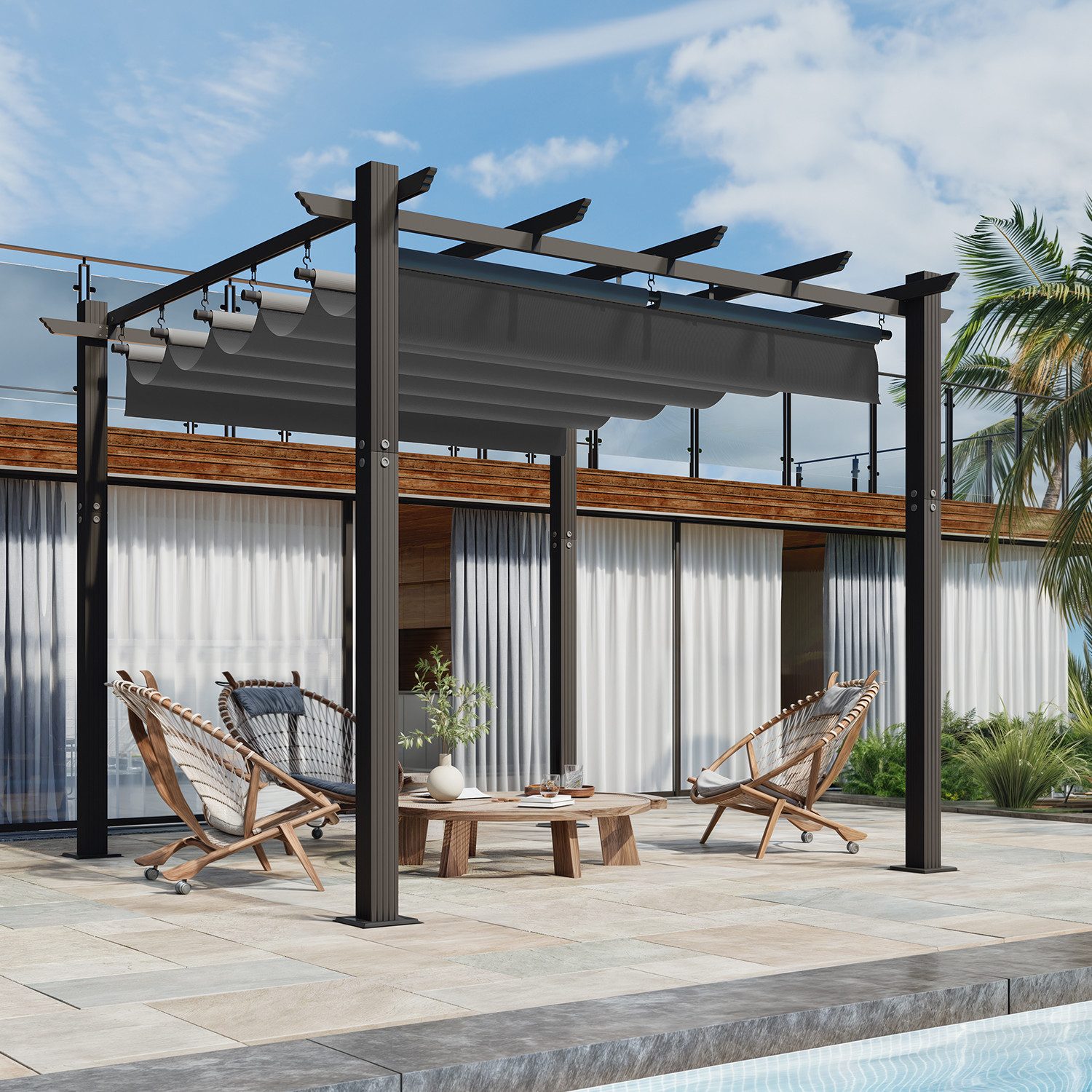 GUNJI Pergola 3x3/3x4m Winterfest, Magnetisch befestigte Aluminium-Pergola, (180g PA-beschichtetes Polyester, UV-geschützt, geeignet für Garten, Terrasse, Poolszenen), Magnetisch befestigbares Schiebedach