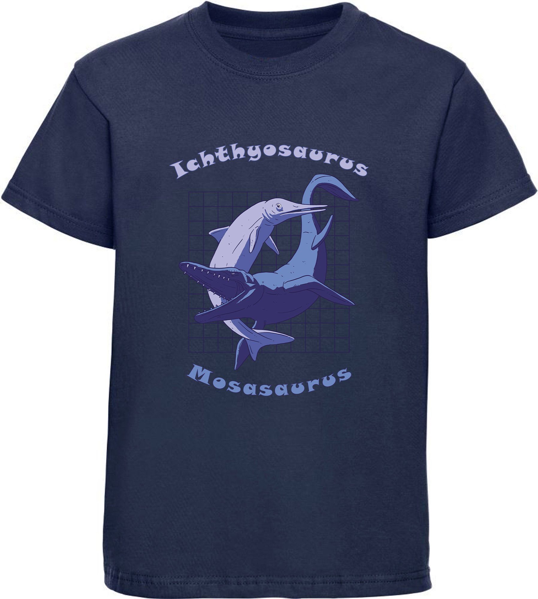 MyDesign24 Print-Shirt bedrucktes Kinder T-Shirt mit Ichthyosaurus und Mosasaurus Baumwollshirt mit Dino, schwarz, weiß, rot, blau, i89 navy blau