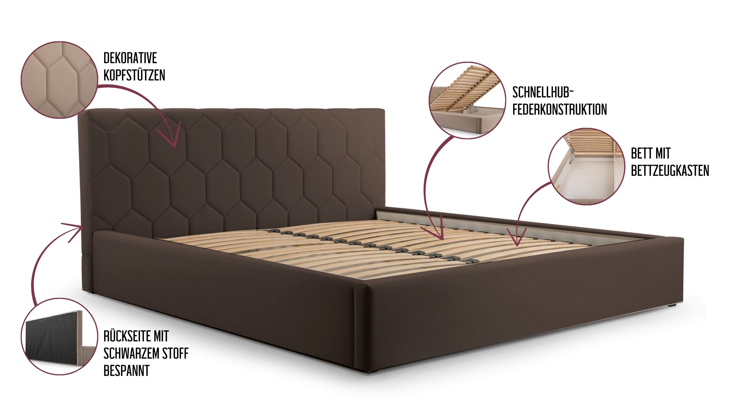 MOEBLO Polsterbett Bett 02 (aus Samt, Doppelbett mit gepolstertem Kopfteil, Bettkasten & Lattenrost, modernes Design mit Stauraum), (BxHxT): 158/178/198 x 95 x 220 cm