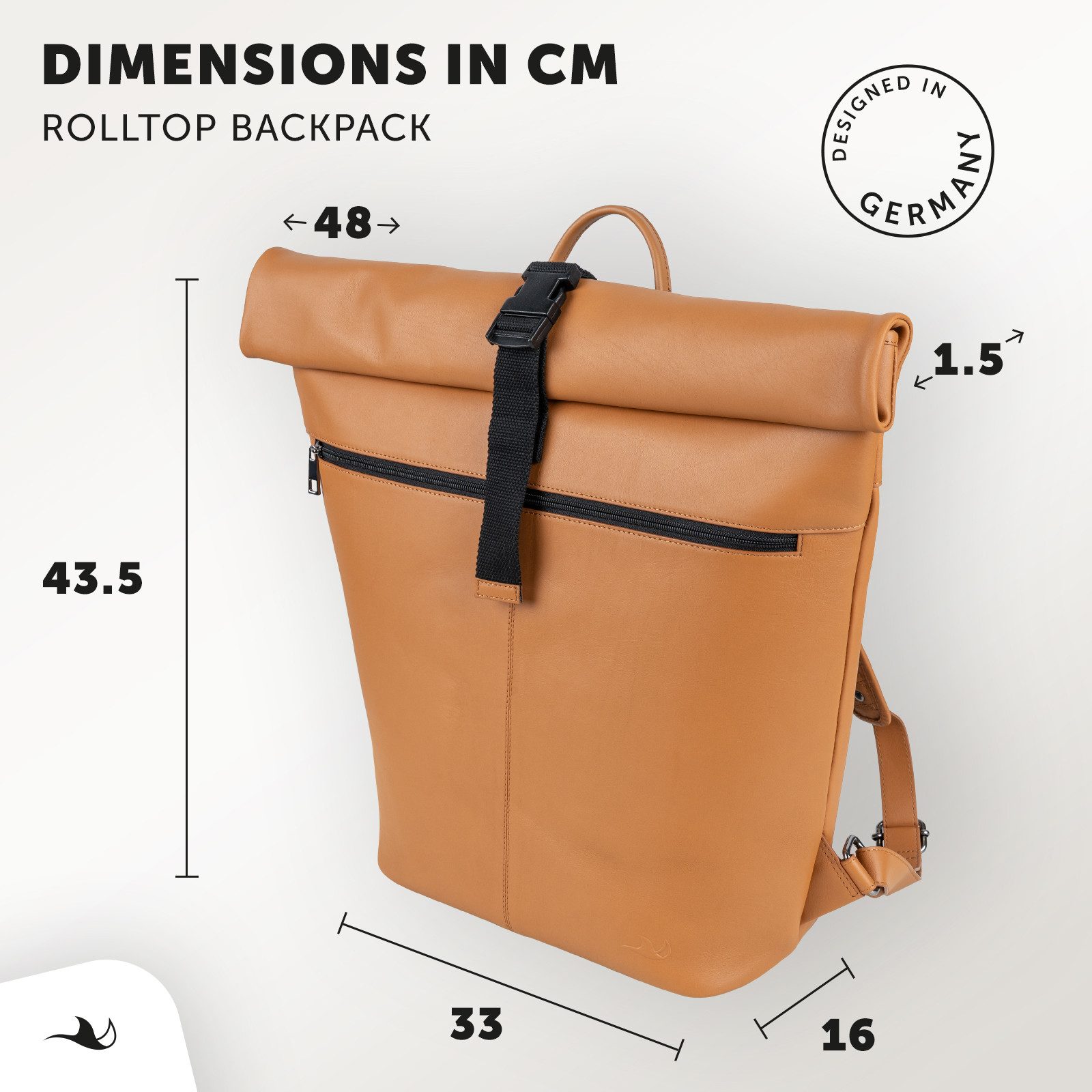 MANTA Laptoprucksack Echtleder Rolltop Backpack, Kurierrucksack, mit 16-Zoll Laptopfach, Echtes Leder