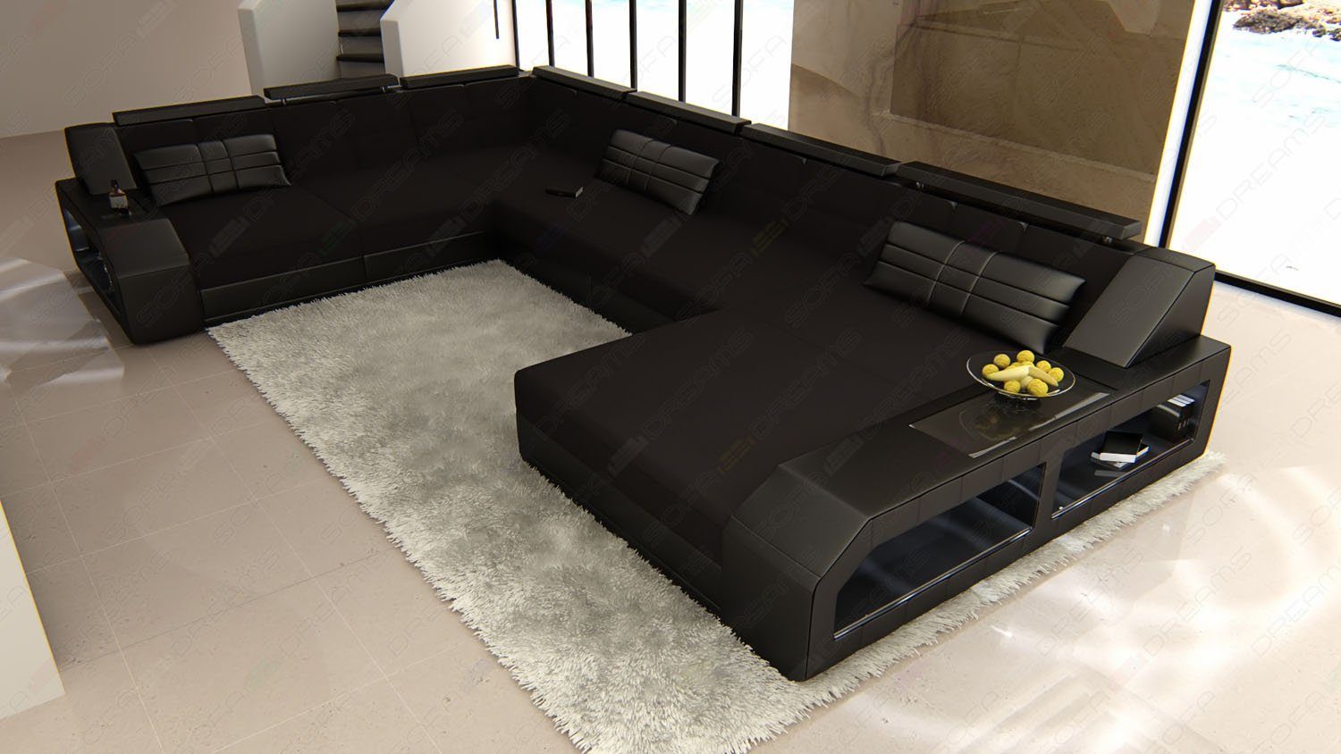 Sofa Dreams Wohnlandschaft Polster Sofa Stoff Matera XXL U Form Stoffsofa Couch, mit LED, wahlweise mit Bettfunktion als Schlafsofa, Designersofa C33 Schwarz-Schwarz