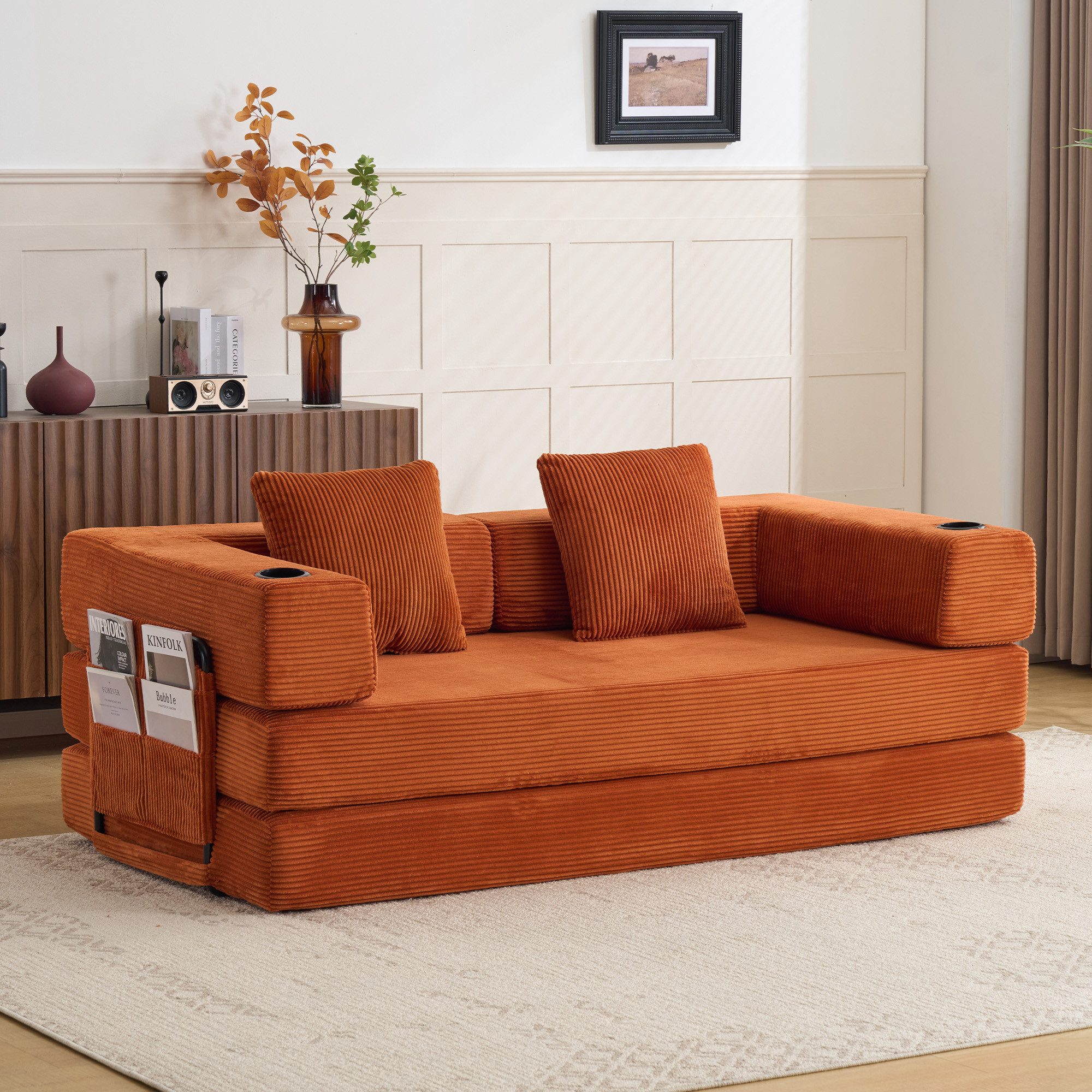Leawin Sofa Sofas Wohnzimmer, Sofa mit schlaffunktion aus Cord mit Cupholder, Faltbares Loungebett mit Seitentaschen und ohne Montage