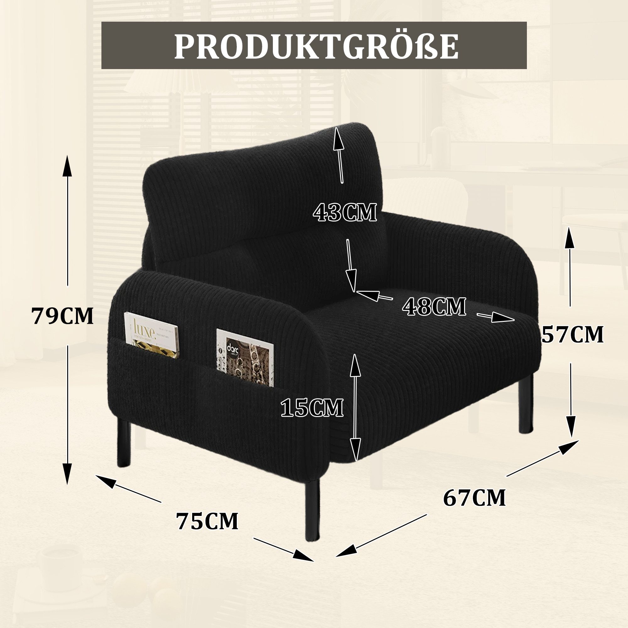 BlingBin Sessel Relaxsessel Polsterstuhl Loungesessel (1-St., Cordstoff, Armlehnen mit Seitentaschen auf beiden Seiten), für Wohnzimmer, Schlafzimmer, Arbeitszi – Bild 2 von 5