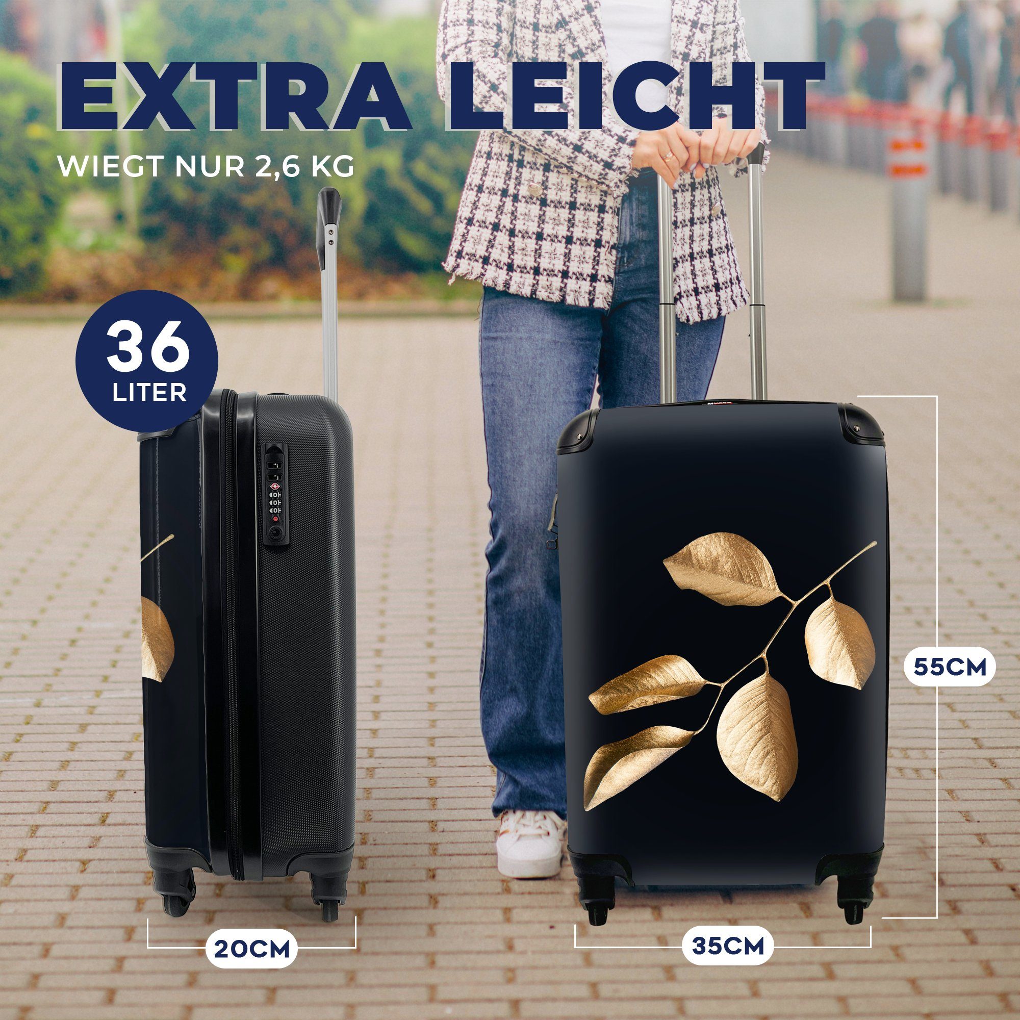 Reisetasche Trolley, MuchoWow Blätter - Reisekoffer Handgepäckkoffer Luxus, Zweig mit - für Ferien, Handgepäck rollen, Gold - 4 Rollen,