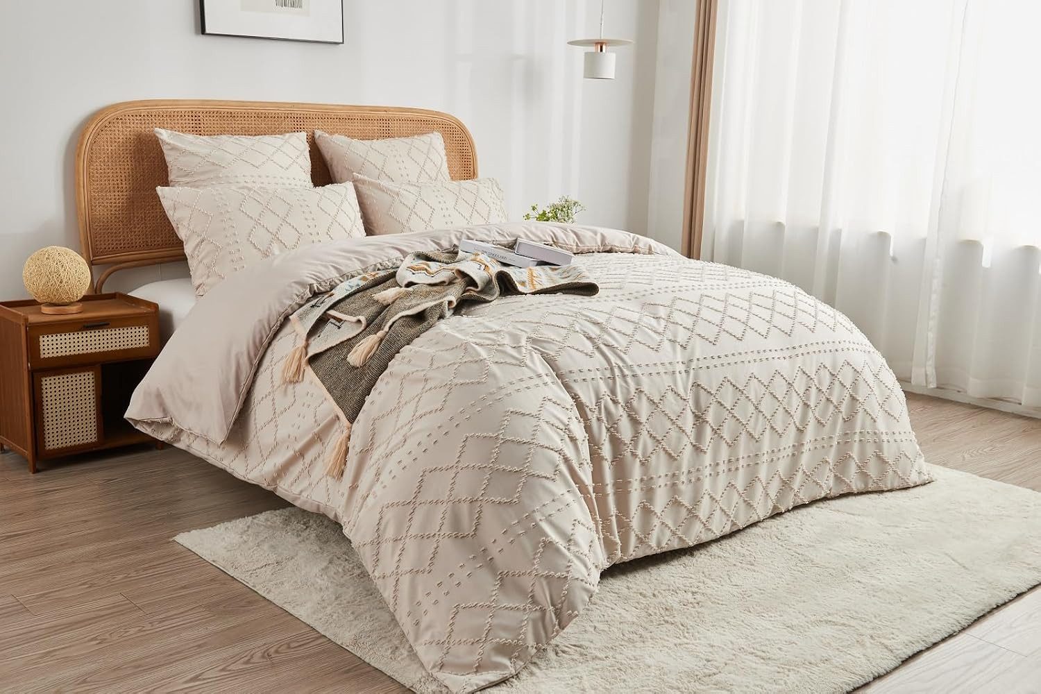 ibettertec Bettwäsche Boho Bettwäsche Beige Getuftet Geometrisches Muster Bettbezüge, Stickerei Boho Bettwäsche und Kissenbeüge 80x80cm mit Reißverschluss