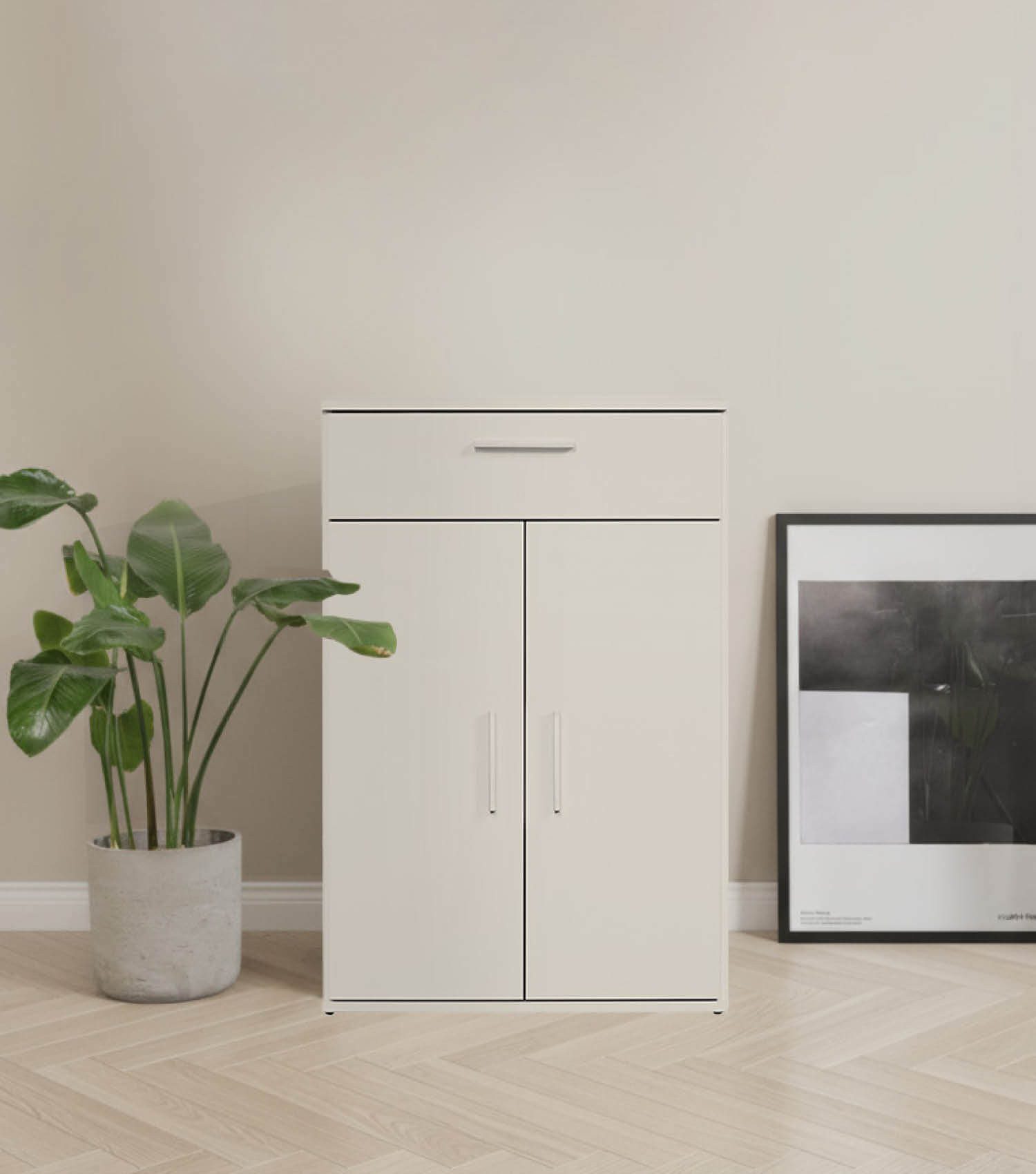 mokebo Mehrzweckschrank Der Praktische (60x90 cm, mit Schublade) Büroschrank, Aktenschrank, Flurschrank, Apothekerschrank in Beige Grau