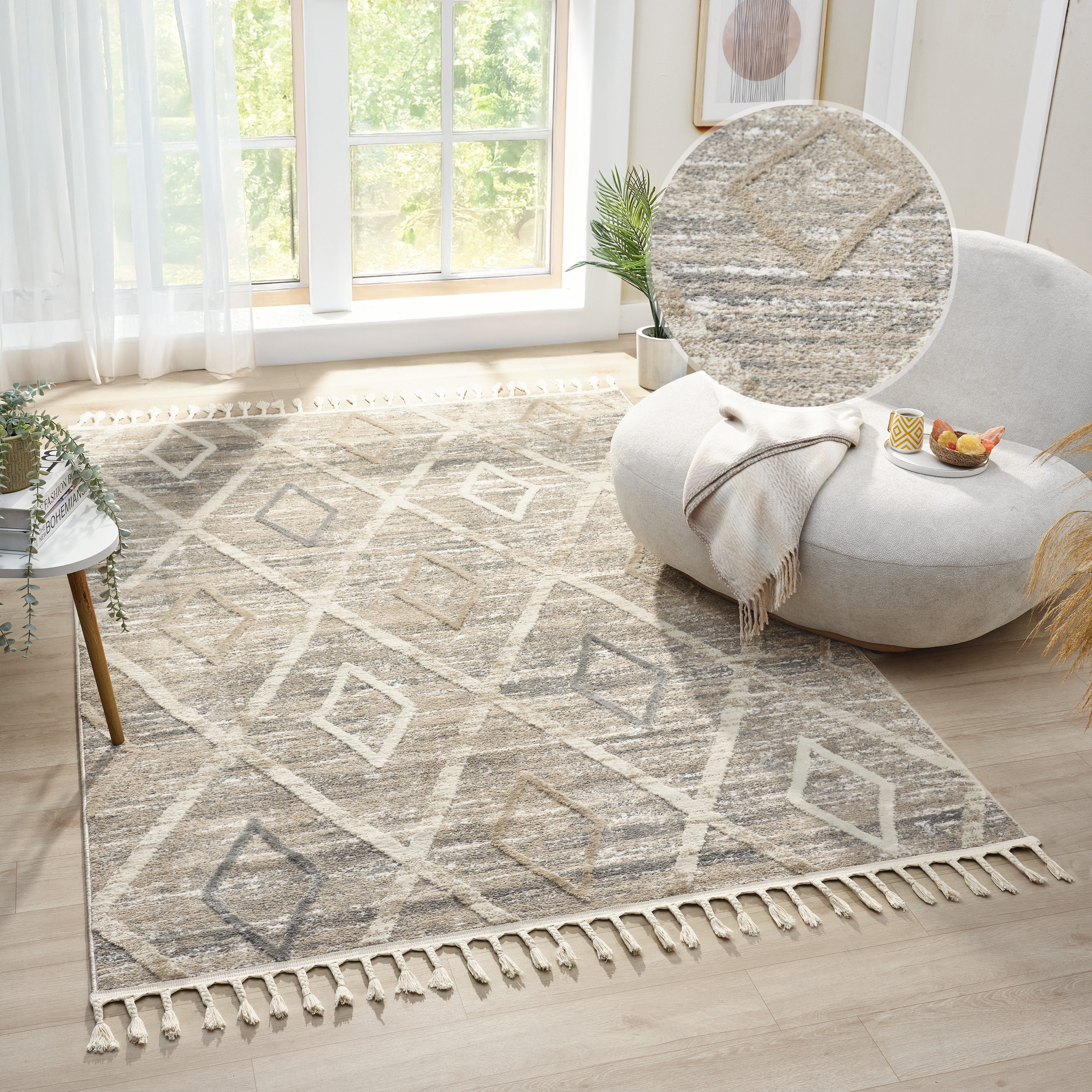 OTTO home Teppich Otilie, rechteckig, Höhe: 11 mm, dichte Qualität, Woll-Look, Boho, mit Fransen und Rauten, Scandi