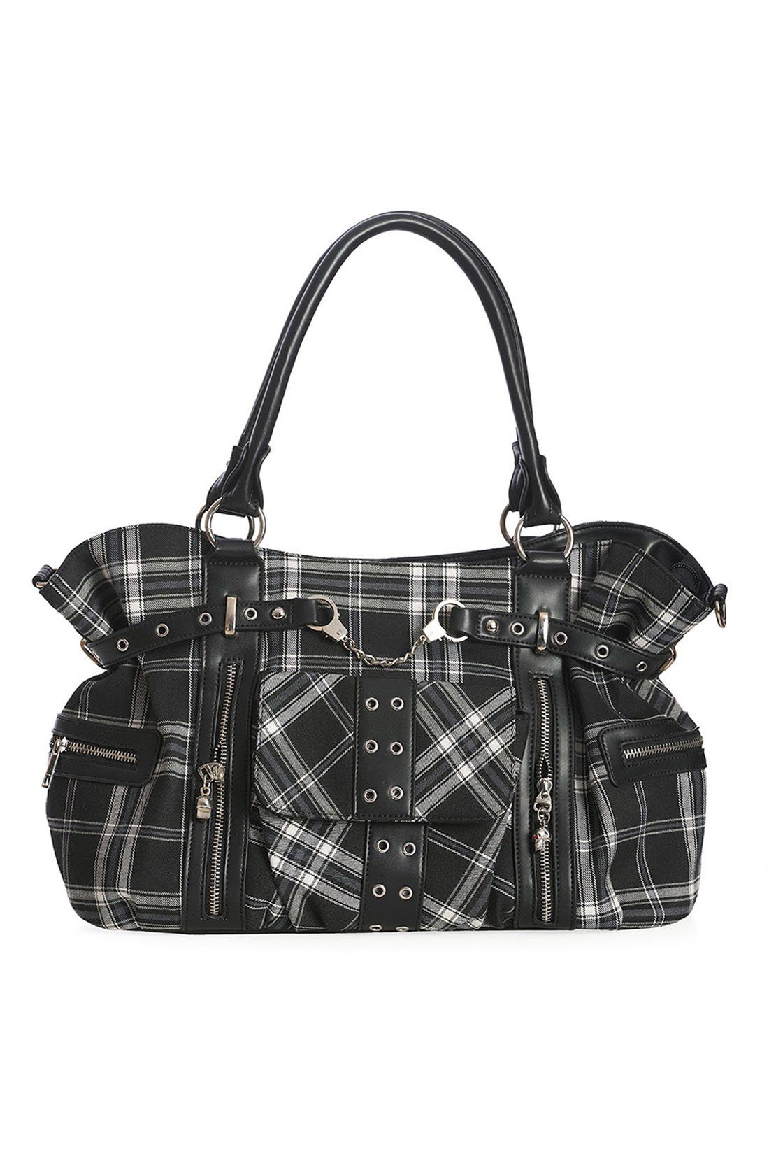 Banned Schultertasche Rise Up Schwarz Weiss, Tartan Schultertasche
