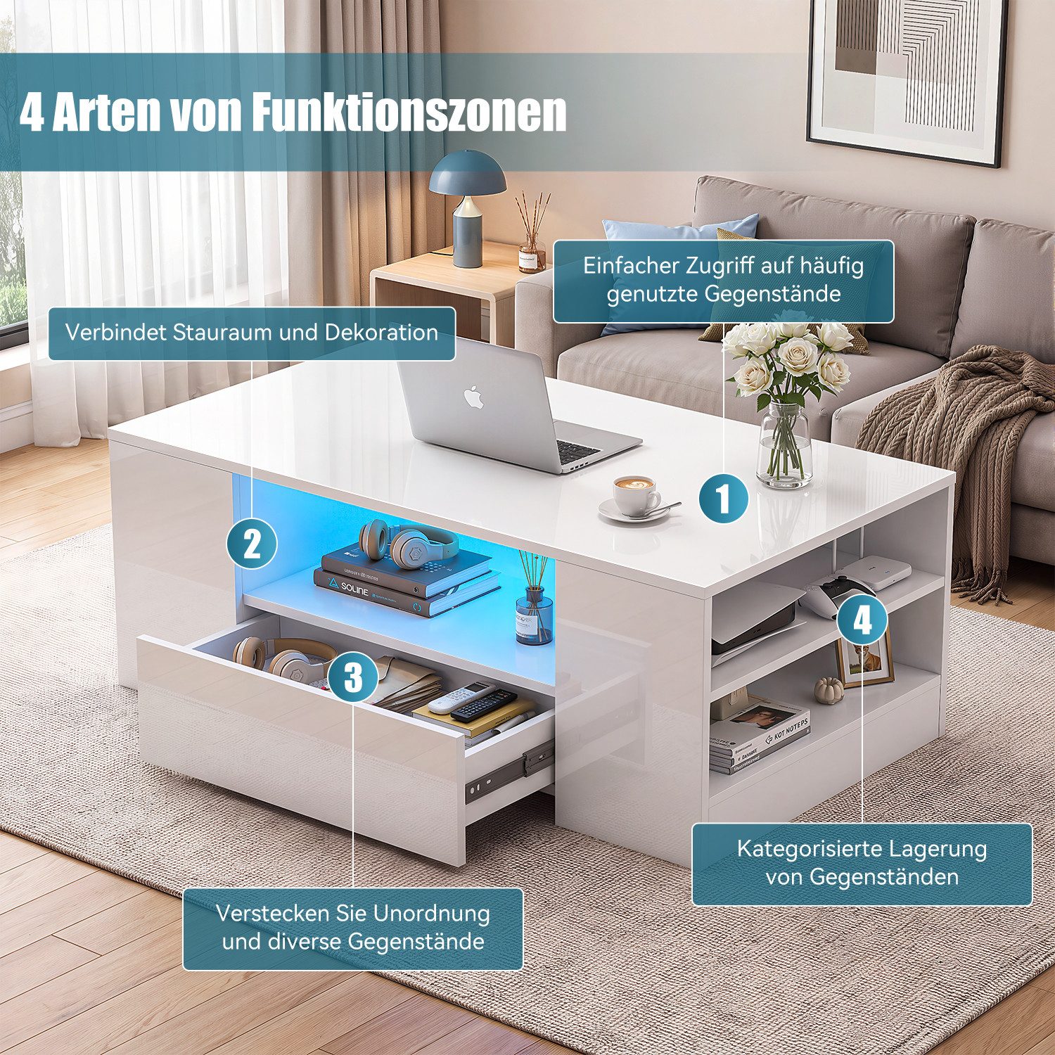 oyajia Couchtisch Hochglanz couchtisch Sofatisch mit LED-Beleuchtung Verstellbare Farben (1-St, Modern Sofatisch Wohnzimmertisch mit 2 Schublade und 2 Regalsofa – Bild 4 von 5