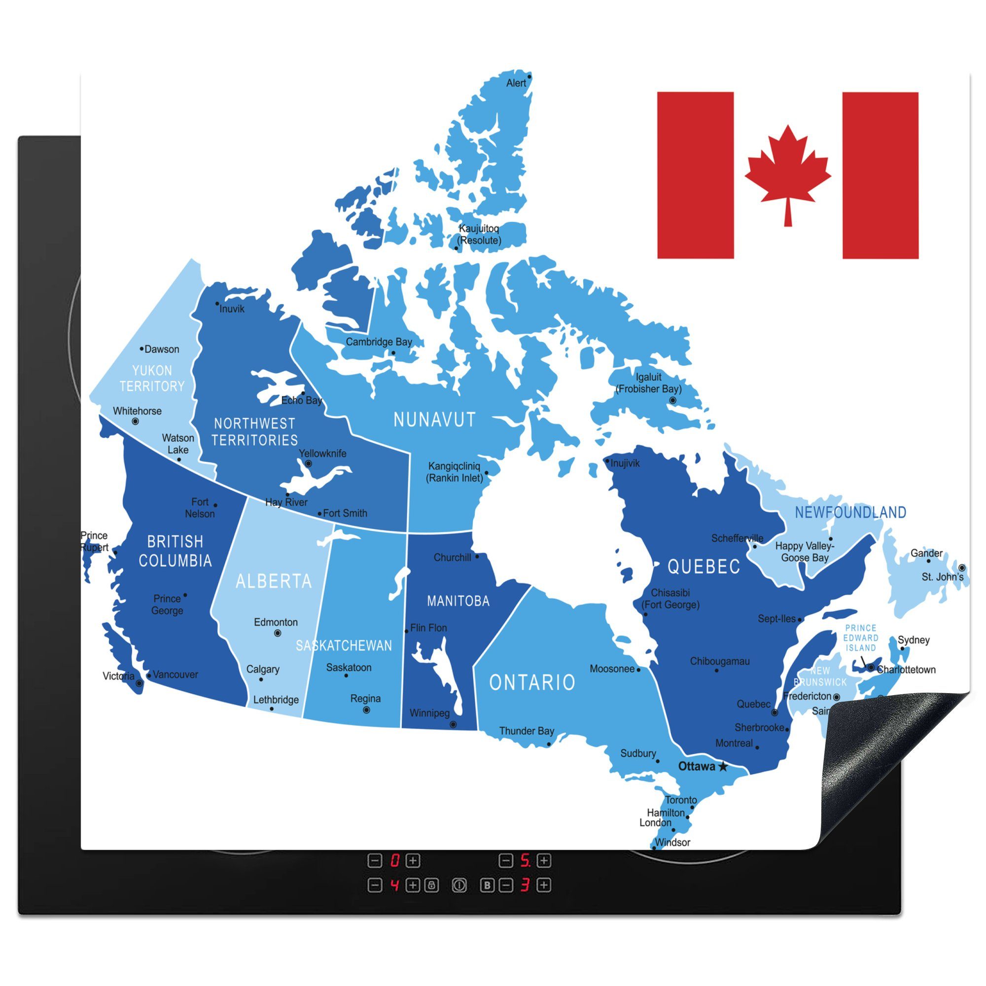 Kanada, blauen tlg), Illustration 60x52 von nutzbar, Arbeitsfläche cm, einer Mobile Karte Vinyl, MuchoWow Herdblende-/Abdeckplatte (1 Ceranfeldabdeckung