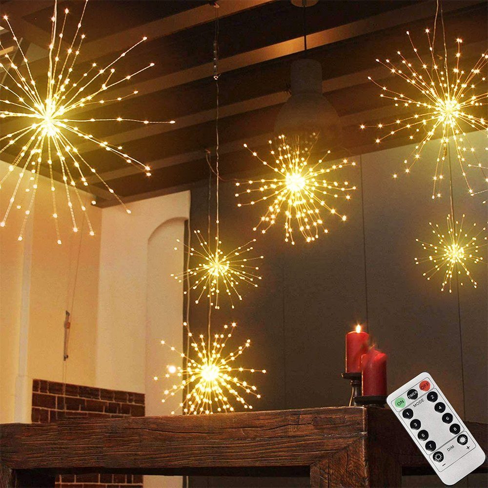 Rosnek LED-Lichterkette 200LEDs Hängende Kugel Feuerwerk Lichterkette, 8 Modi, dimmbar, Weihnachtsdekoration, Fernbedienung, Wasserdicht Warmes Weiß