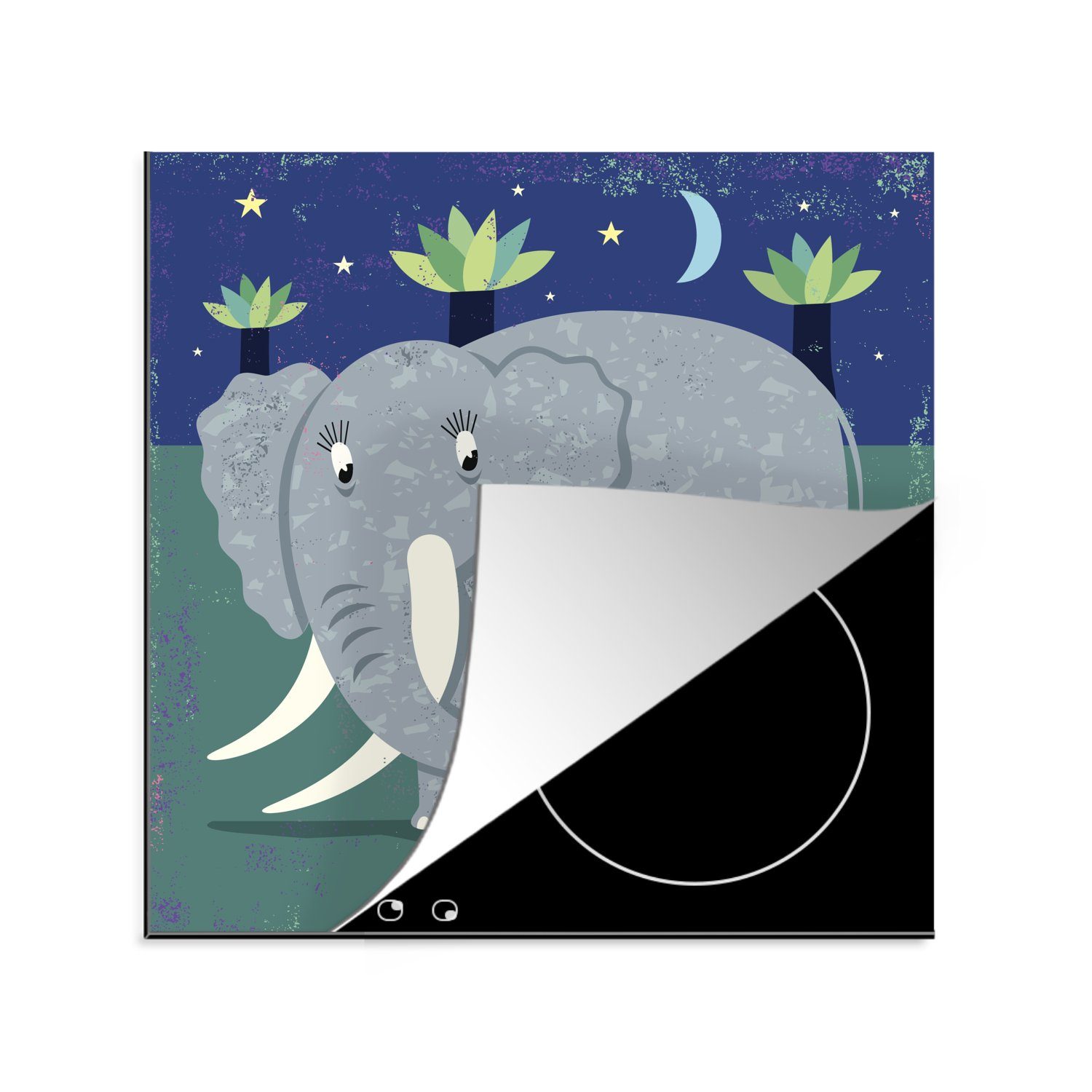 MuchoWow Herdblende-/Abdeckplatte Eine Illustration eines großen Elefanten mit einem Elefantenbaby, Vinyl, (1 tlg), 78x78 cm, Ceranfeldabdeckung, Arbeitsplatte für küche