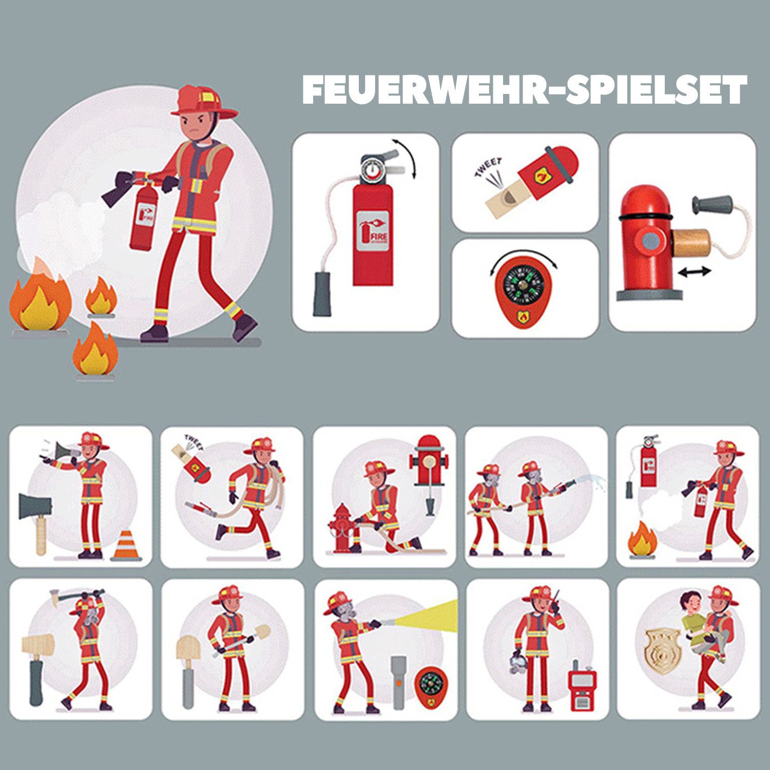 Esun Spielzeug-Polizei Einsatzset Holz Feuerwehrmann Spielset mit Feuerwehr Kostüm Kinder, Kappe 14 St., (SET, 14-tlg., Komplettset), Geschenk für Mädchen Jungen ab 3 4 5 6 7 8 Jahre