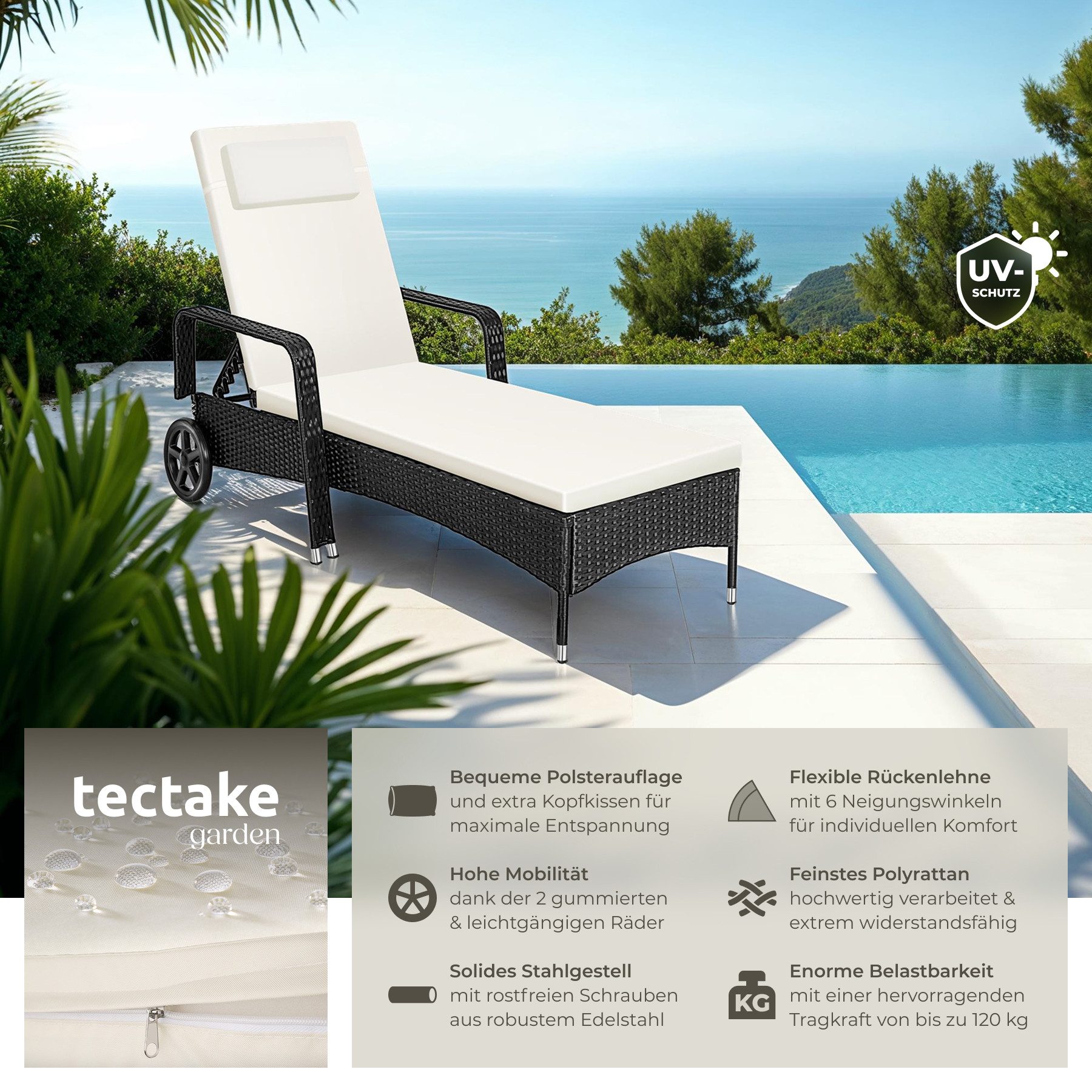 tectake Gartenliege Rattan Sonnenliege, abnehmbares Kopfkissen, 200 x 70 x 33 cm, Balkonliege, 1 St., für Außen in Schwarz/Beige, widerstandsfähig, UV-beständig, verstellbar Rückenlehne, mit Rädern