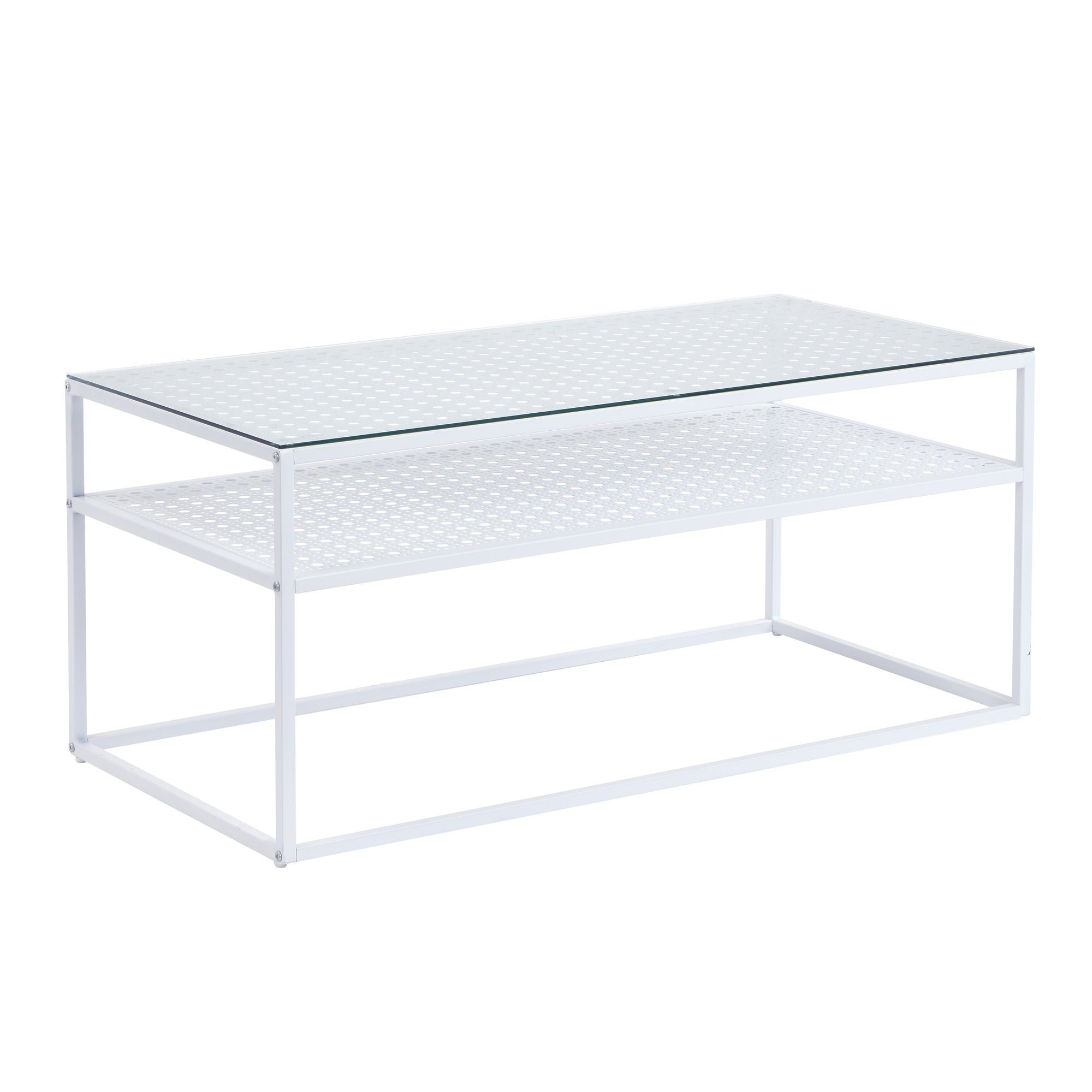 Wohnling Couchtisch WL7.328 Glas Rechteckig 100 cm Weiß Metall Wohnzimmertisch Ablage (Sofatisch Glas Rechteckig 100 cm Weiß Ablage), Wohnzimmertisch Industrial, Metallgestell Modern