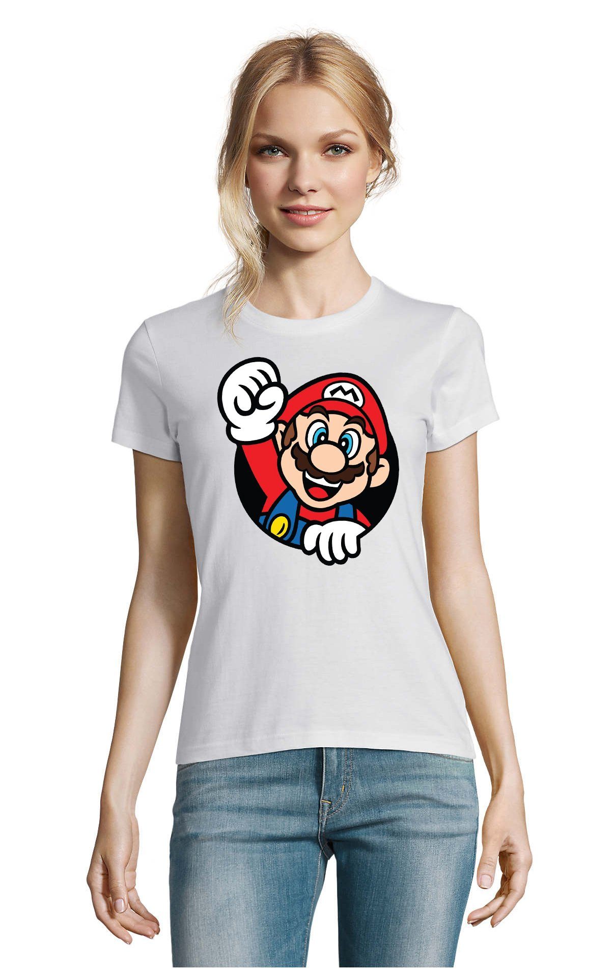 T-Shirt Nintendo Gaming Super Faust Weiss & Mario Konsole Nerd Brownie Damen Blondie Spiel
