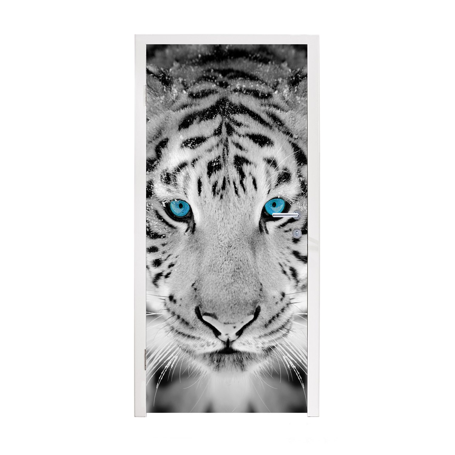 Tiere St), - Türaufkleber, Fototapete Matt, Türtapete - cm und Augen - Schwarz (1 weiß, 75x205 - Tiger bedruckt, Blau Tür, MuchoWow für