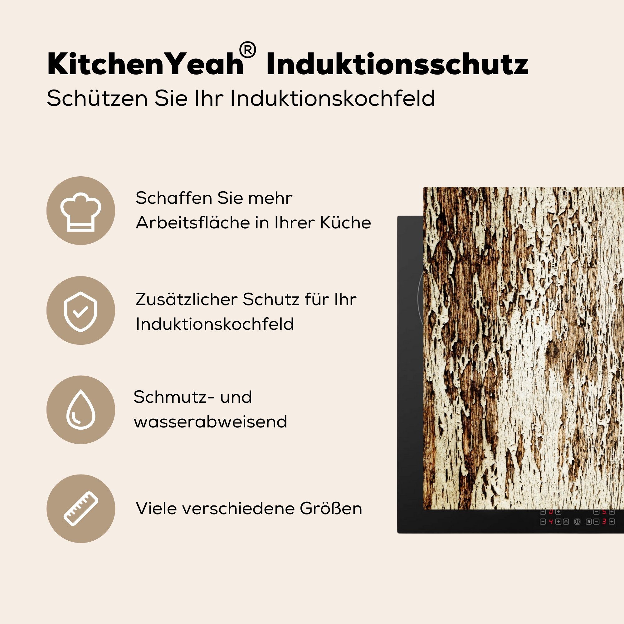 (1 Baum, Schutz Ceranfeldabdeckung Vinyl, die Holz 81x52 für - Induktionskochfeld Herdblende-/Abdeckplatte Rustikal cm, - küche, MuchoWow tlg),