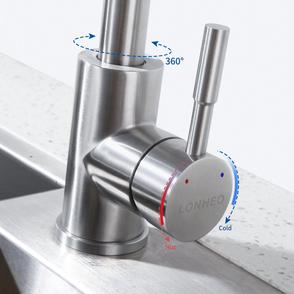 Lonheo Küchenarmatur Einhand 360° 3 Anschlussschläuchen Spültischarmatur Mischbatterie mit Niederdruck Wasserhahn
