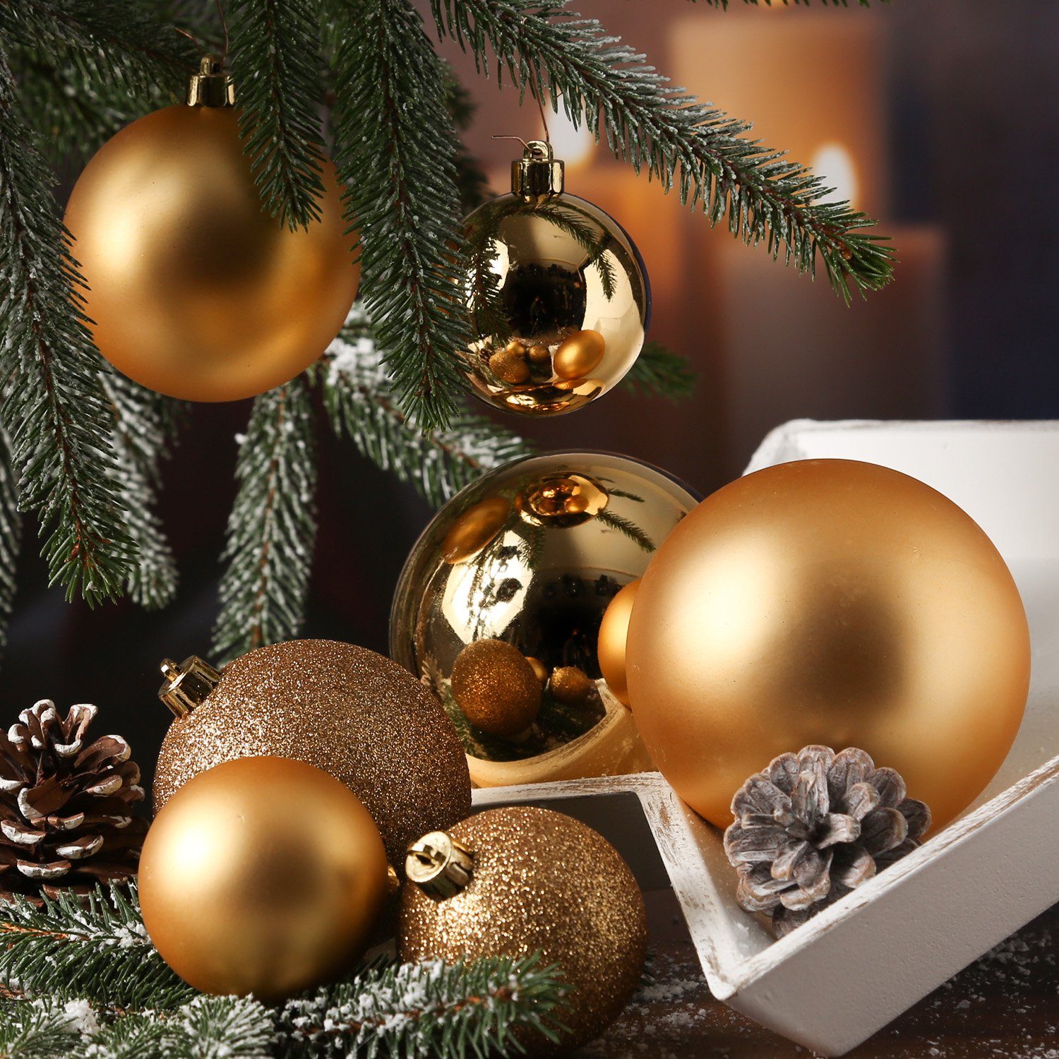 Weihnachtskugel glänzend MARELIDA matt 26er Set Weihnachtsbaumkugel bruchfest gold (26 St) Christbaumkugel