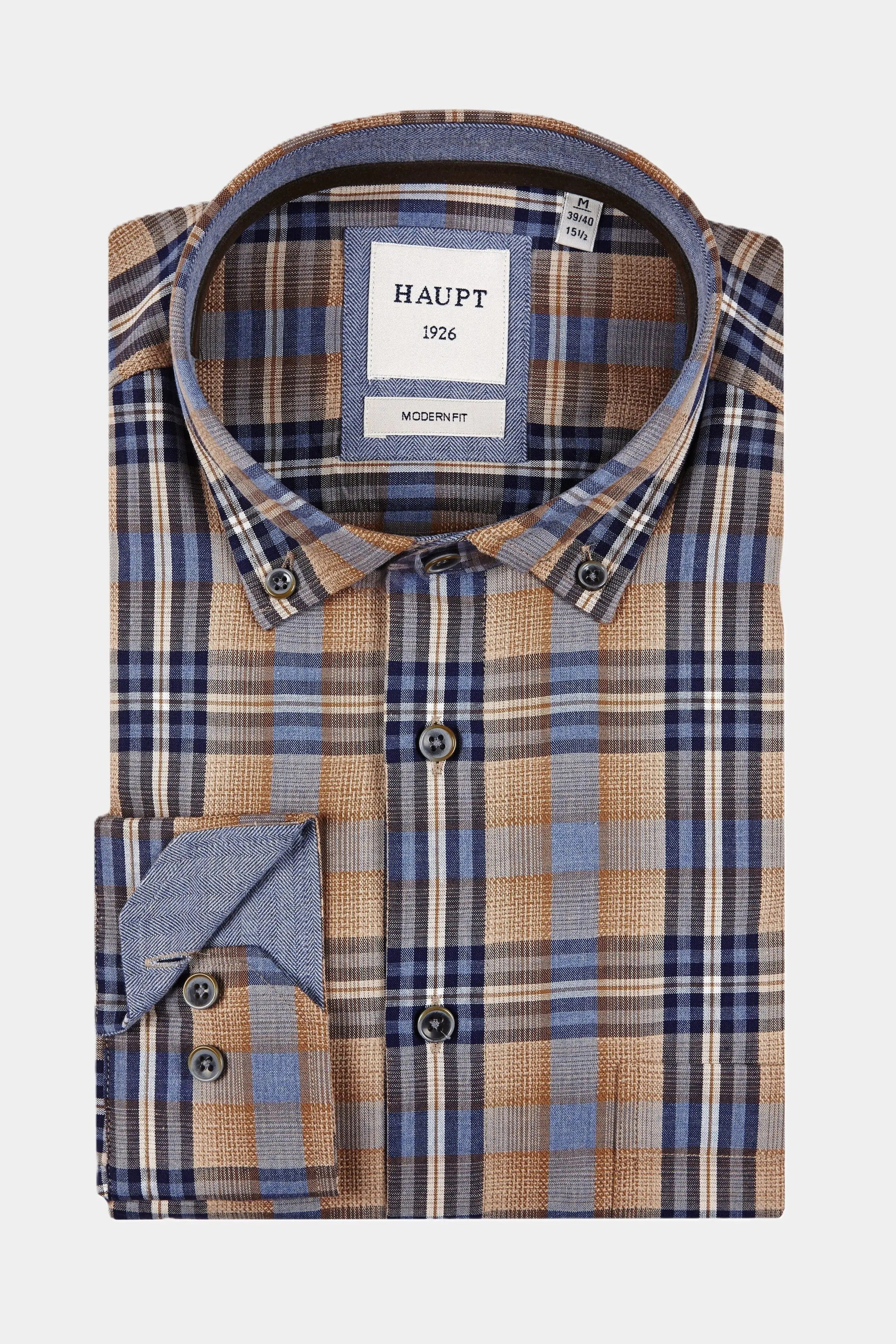 Haupt Langarmhemd Haupt Flanell Modern Fit Langarm Herrenhemd im Karomuster camel