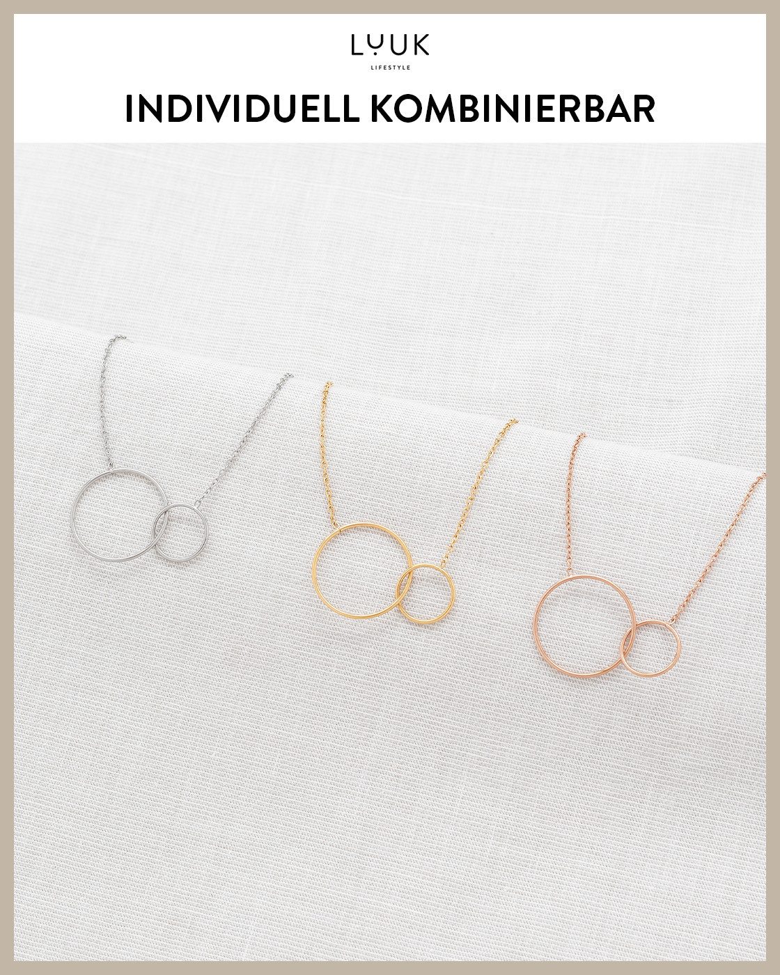 LUUK LIFESTYLE Kette mit Anhänger Verschlungene Kreise, geschmackvolle Geschenkidee mit HAPPINESS Spruchkarte – Bild 5 von 5