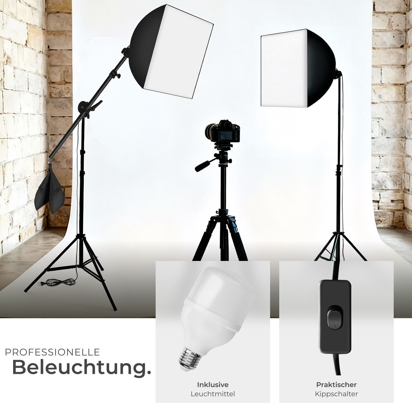 tectake Aluminium Studioleuchte Studio-Stativ-Blitz, (mit Softbox und ausziehbarem Galgenstativ)