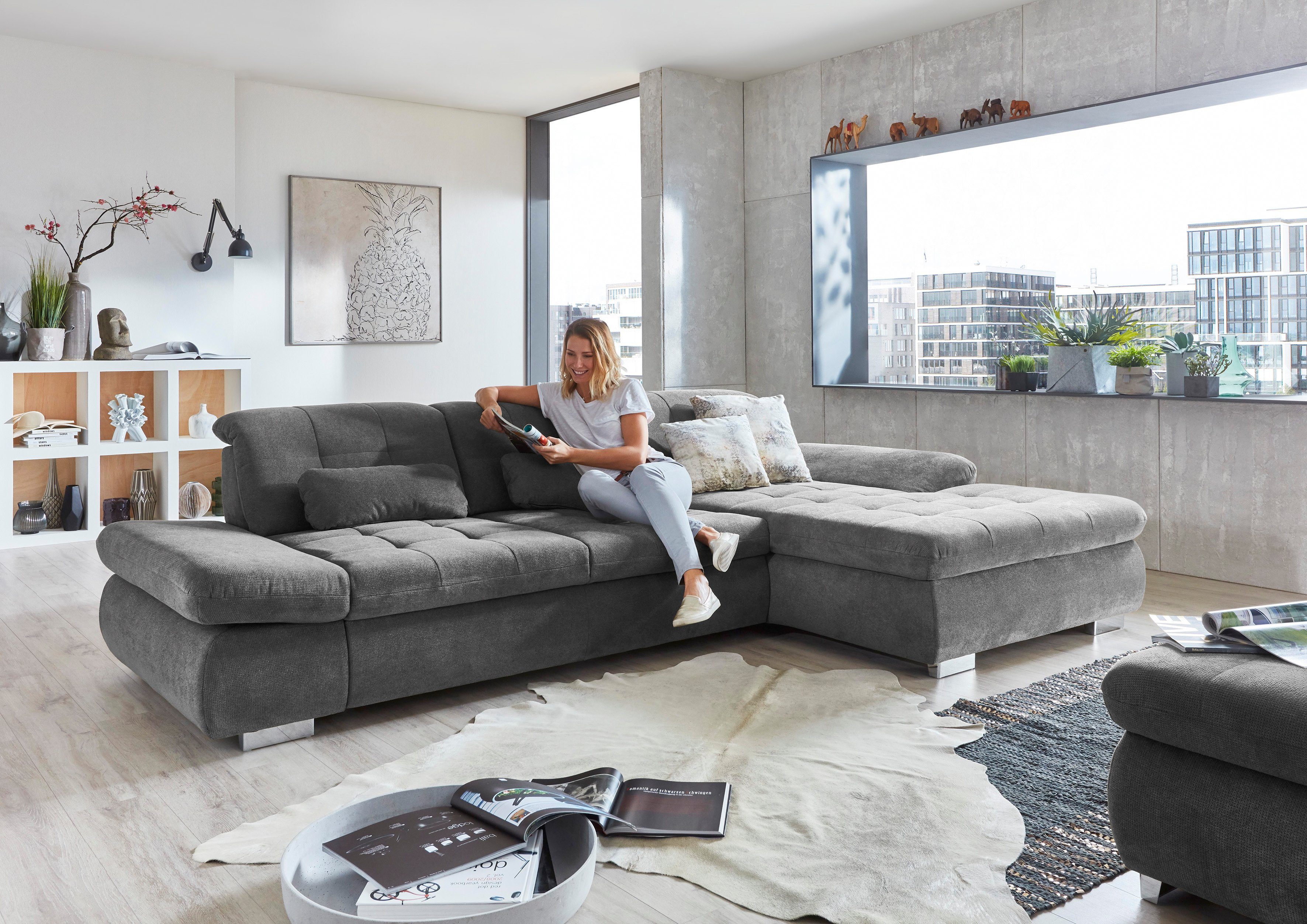 Die PlanBar Ecksofa und wahlweise mit Belle Belle Belle grey | Kopfteilverstellung grey MP-IN17004, Sitztiefen- | Bettfunktion, grey