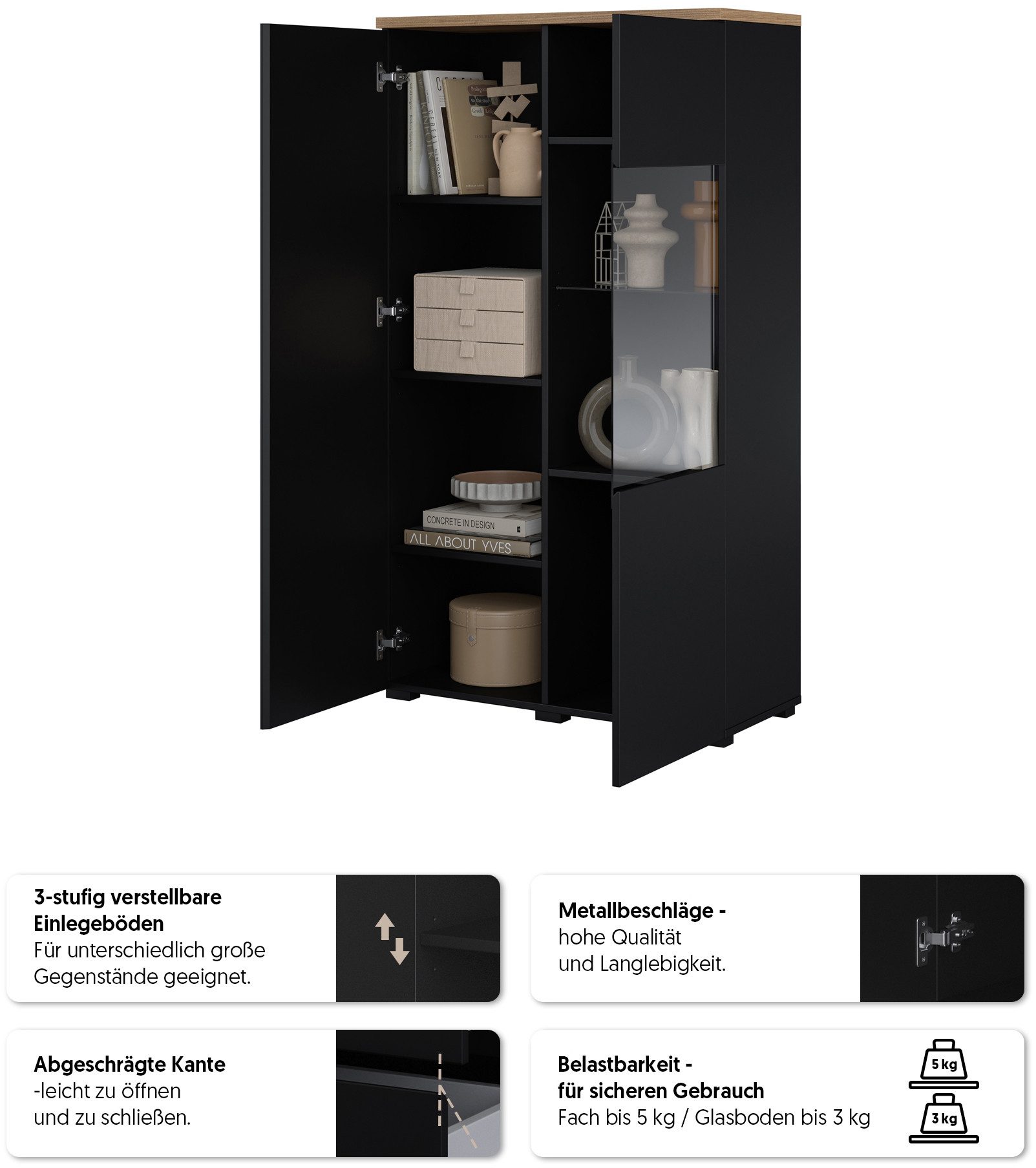 OTTO home Vitrine Modo, Breite 80 cm, moderner griffloser Vitrineschrank Vitrine mit viel Stauraum, Einlegeböden verstellbar, Glastür