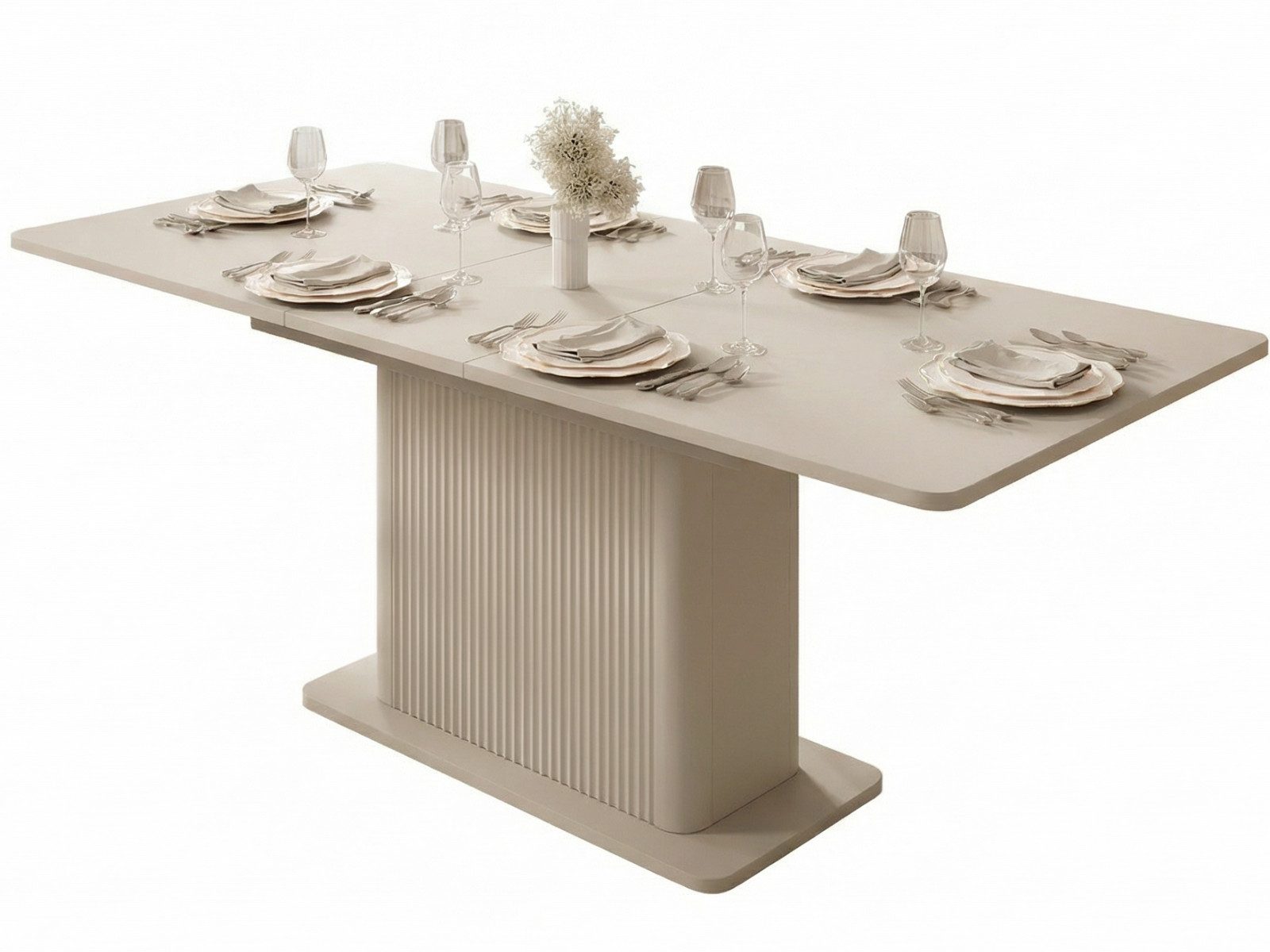 yourhouse24 Esstisch Ausziehbarer Lante 160-200 cm Geriffelter Säulenfuß, Geriffelter Säulenfuß in Lamellen-Optik, verstaubare Einlegeplatte