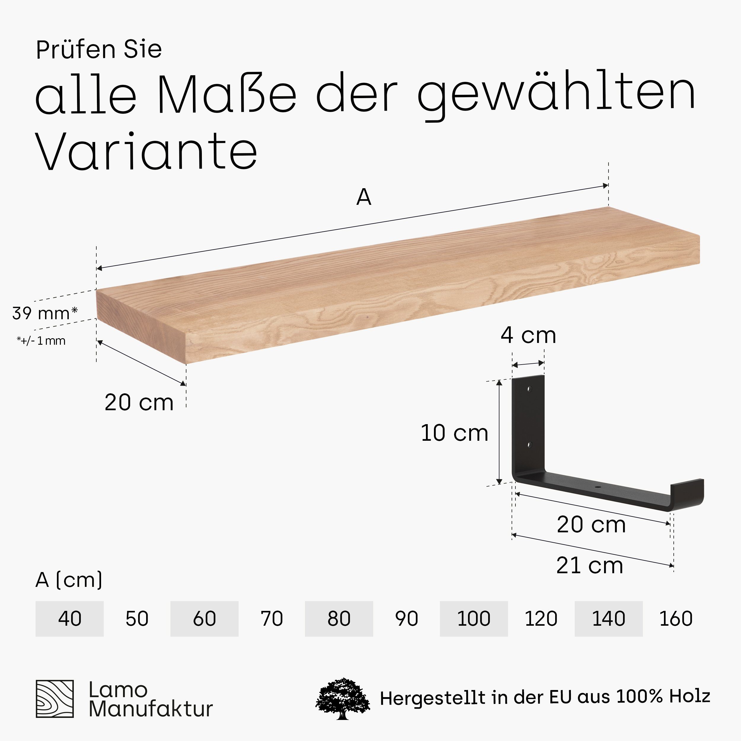 stake LAMO Massivholzplatte Wandregal Industrial, Roh Komplett-Set, 40mm Manufaktur