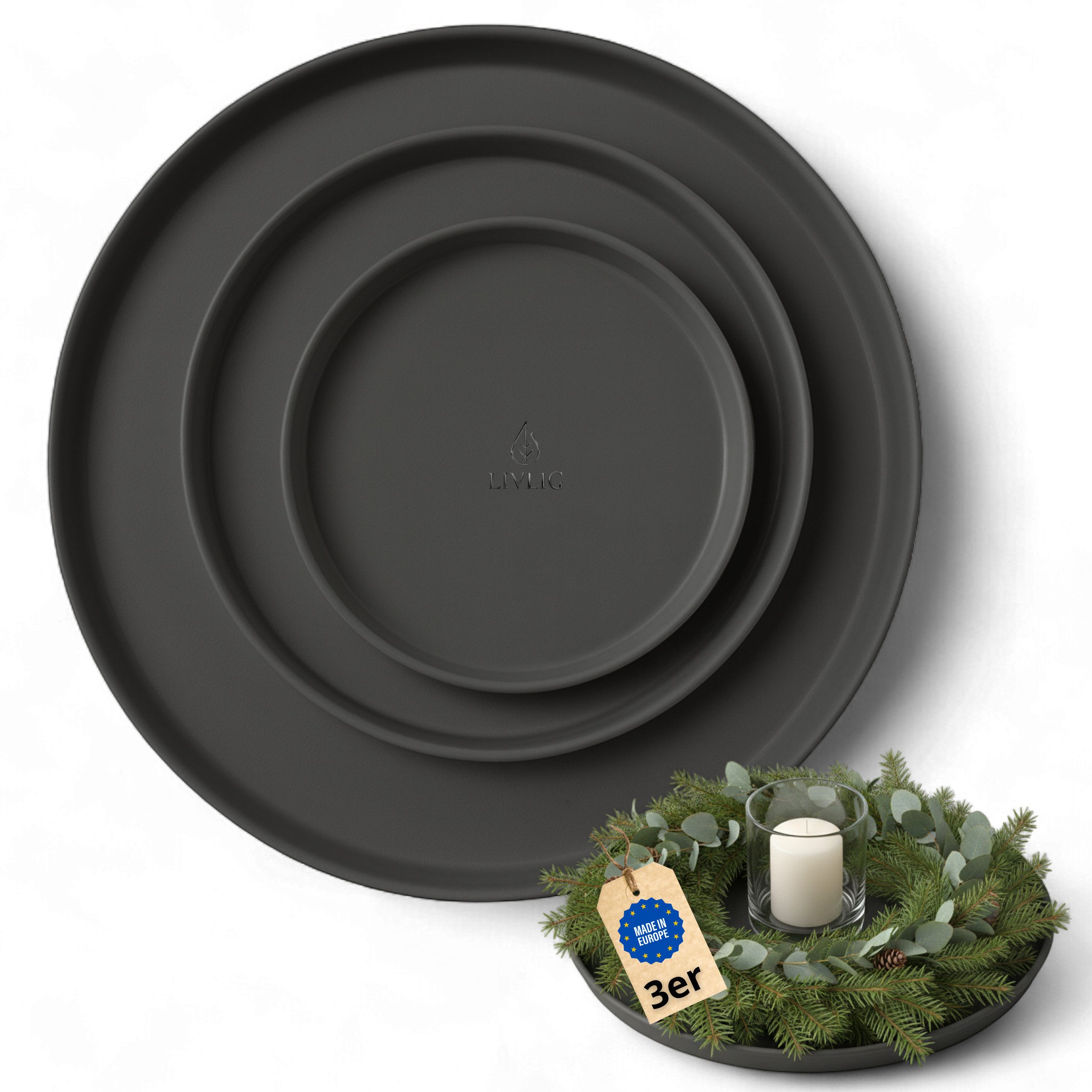LIVLIG Dekotablett Deko Tablett, Serviertablett rund für Weihnachtsdeko & Adventskranz (Set, 3er Set), robust, pulverbeschichtet, modern, Ø 25 cm, 30 cm und 40 cm